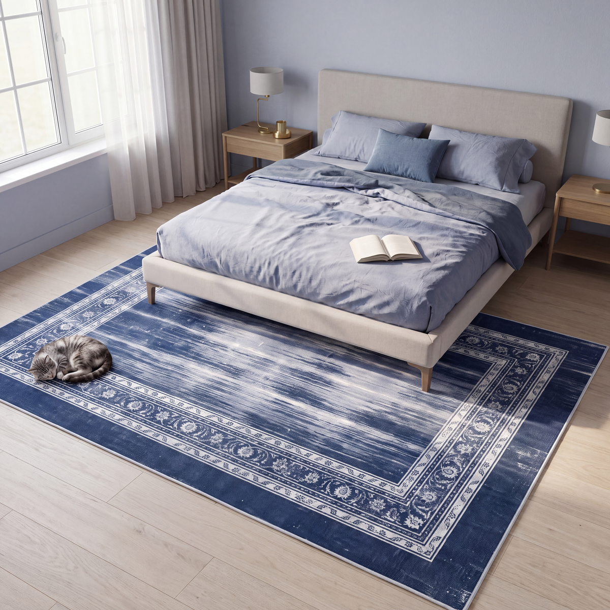 The rug at the foot of a bed with a cat asleep on it.