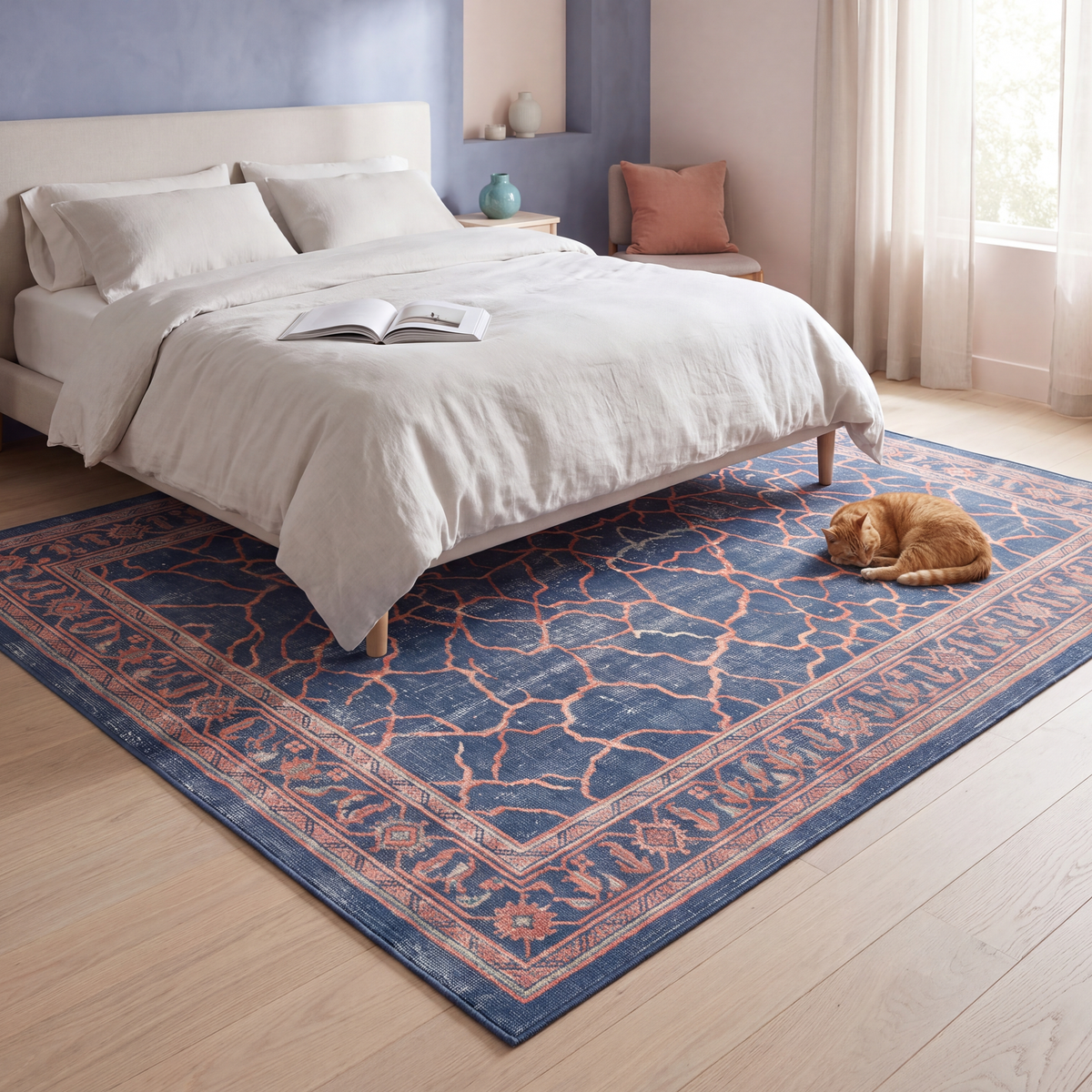 The rug at the foot of a bed with a cat asleep on it.