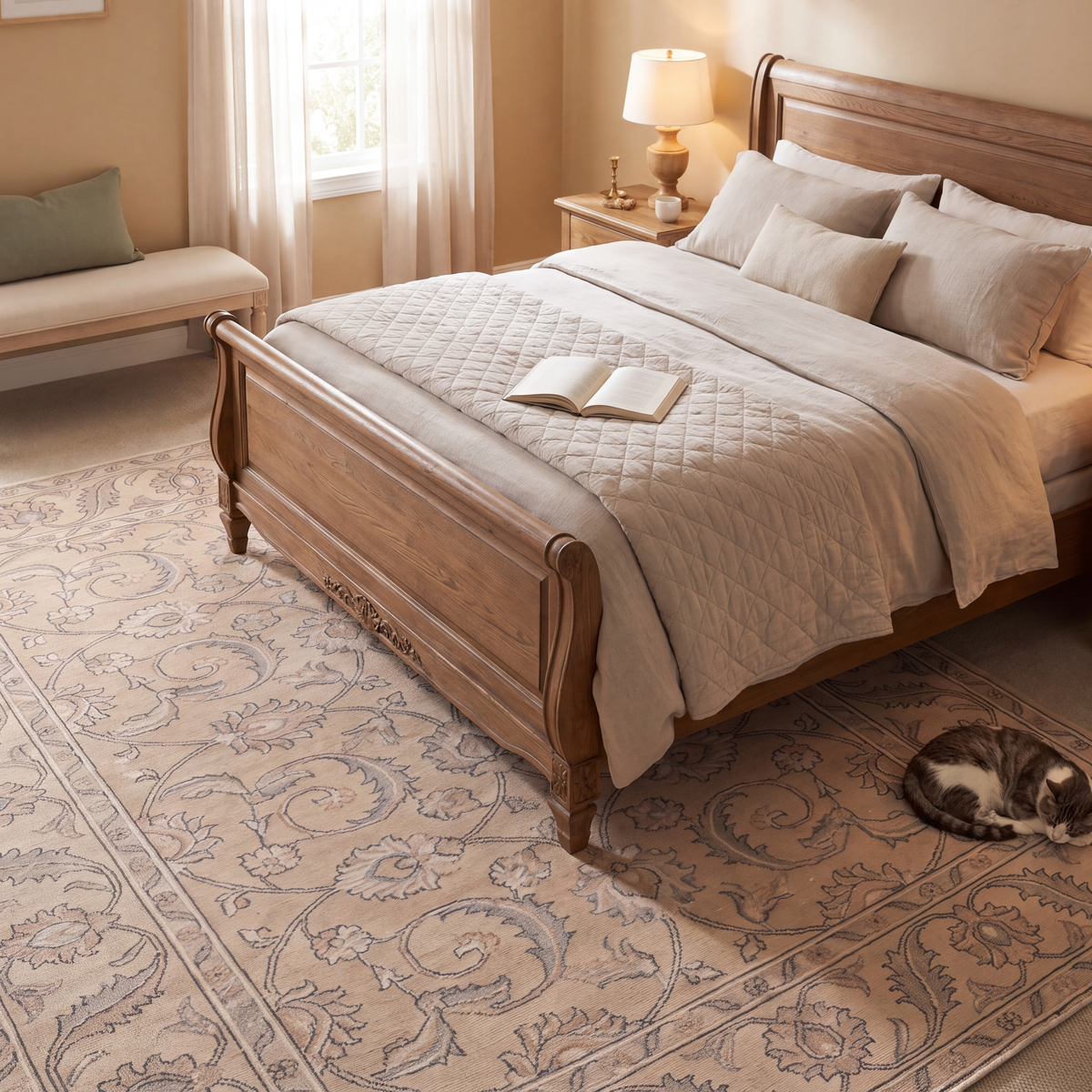 The rug at the foot of a bed with a cat asleep on it.