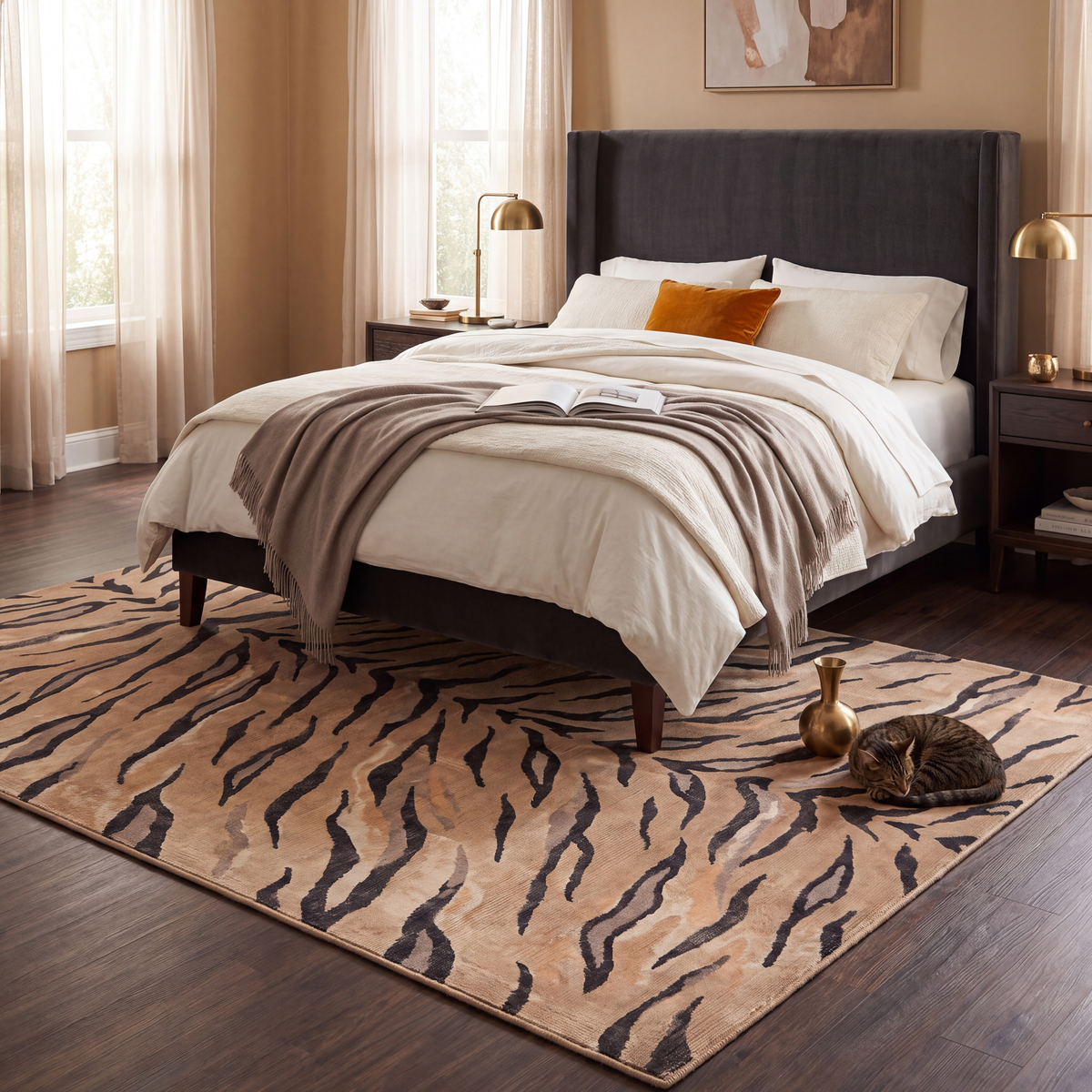 The rug at the foot of a bed with a cat asleep on it.