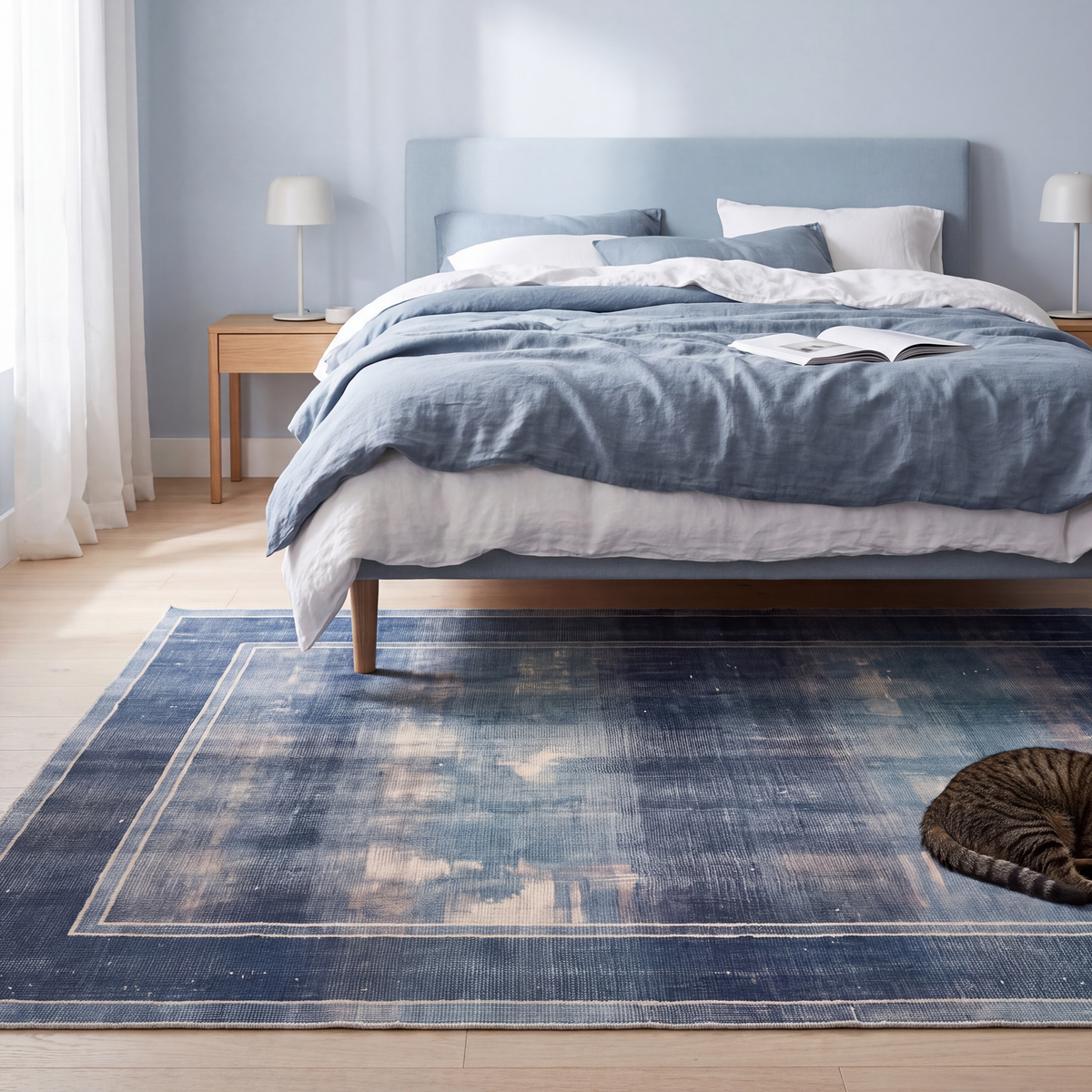 The rug at the foot of a bed with a cat asleep on it.