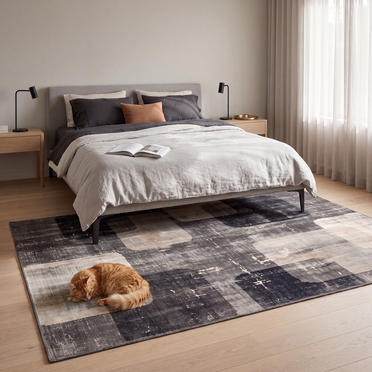 The rug at the foot of a bed with a cat asleep on it.