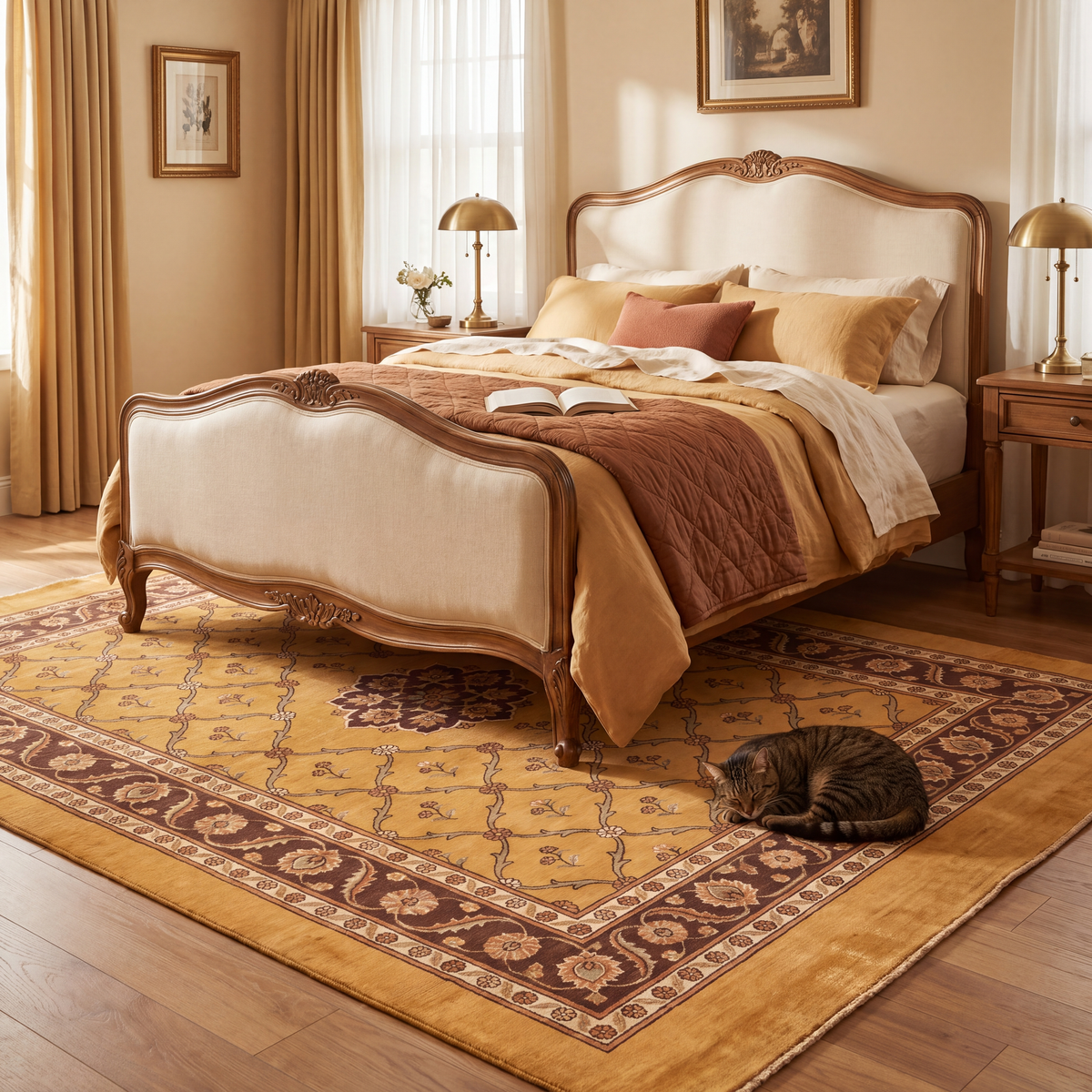 The rug at the foot of a bed with a cat asleep on it.