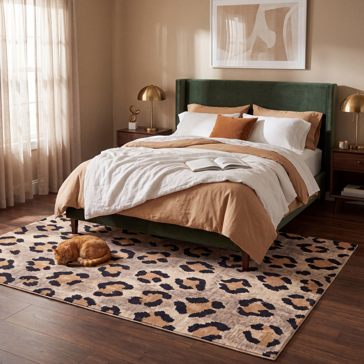 The rug at the foot of a bed with a cat asleep on it.