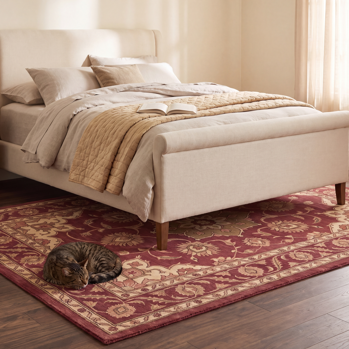 The rug at the foot of a bed with a cat asleep on it.