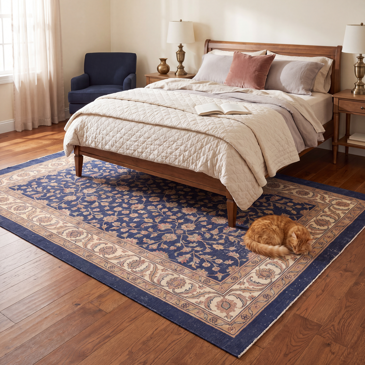 The rug at the foot of a bed with a cat asleep on it.
