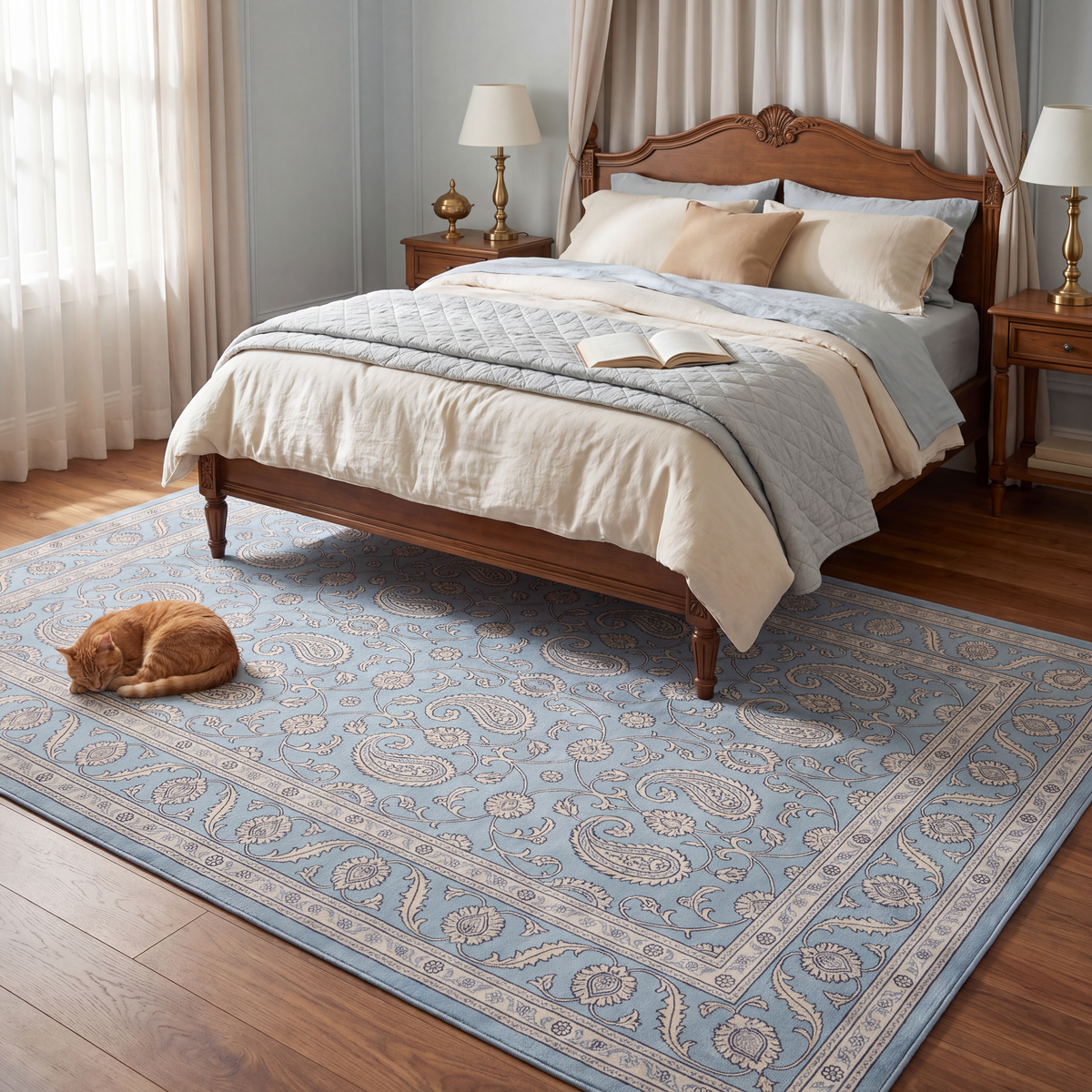 The rug at the foot of a bed with a cat asleep on it.