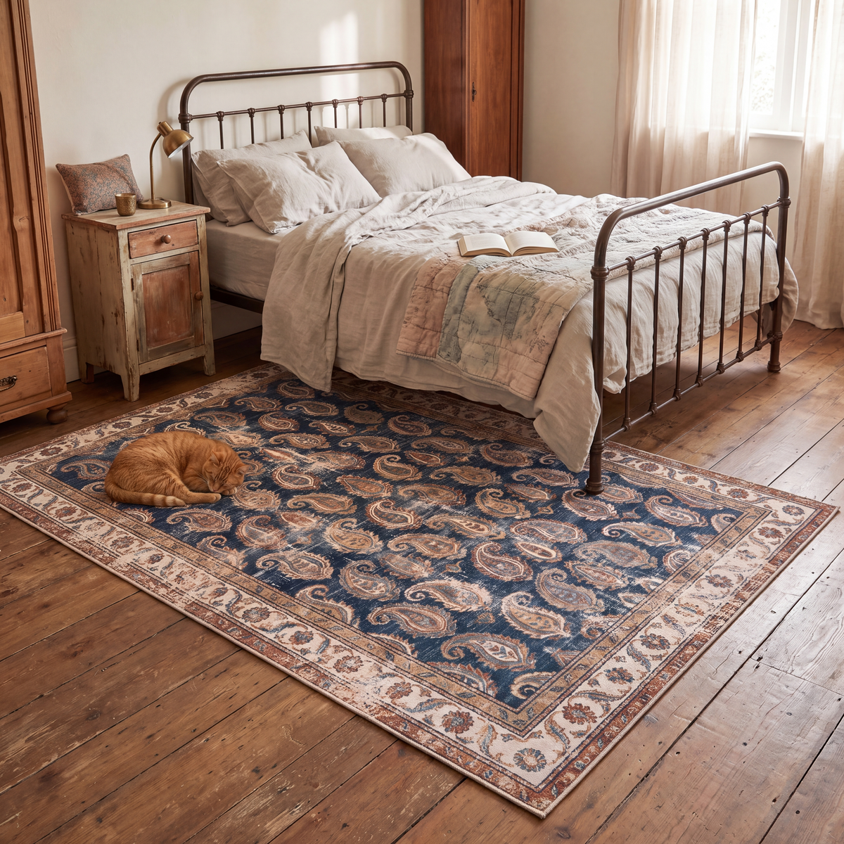 The rug at the foot of a bed with a cat asleep on it.