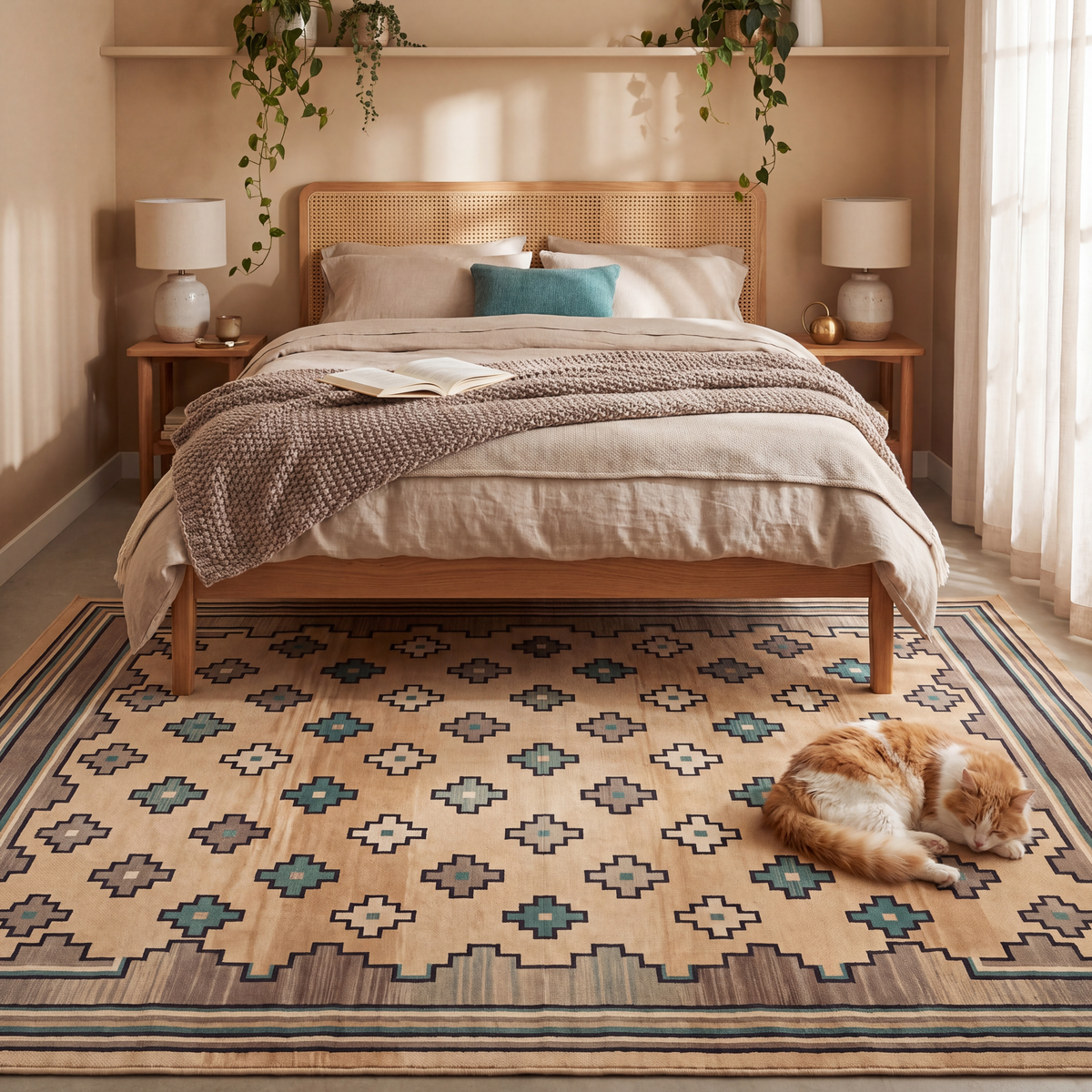 The rug at the foot of a bed with a cat asleep on it.