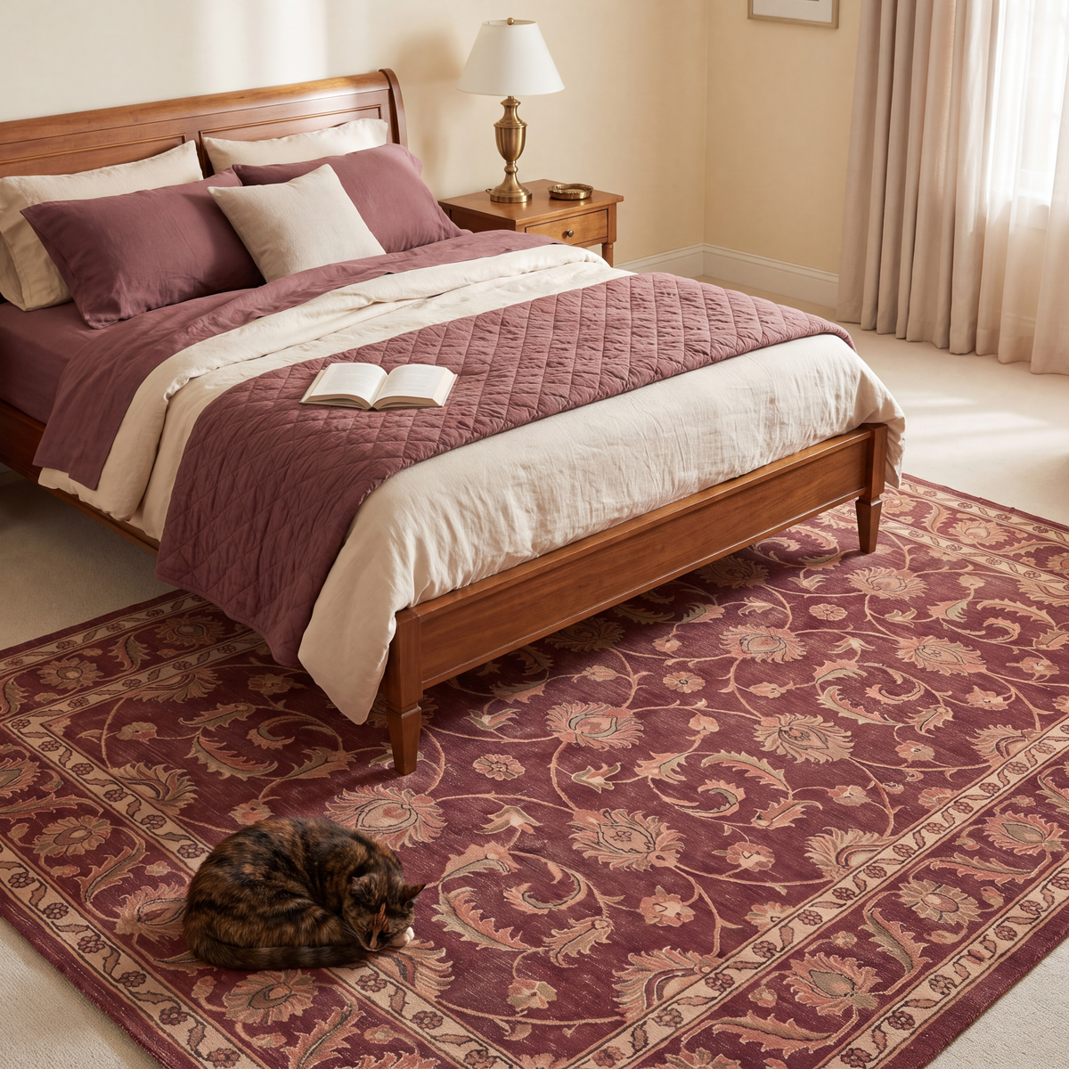 The rug at the foot of a bed with a cat asleep on it.