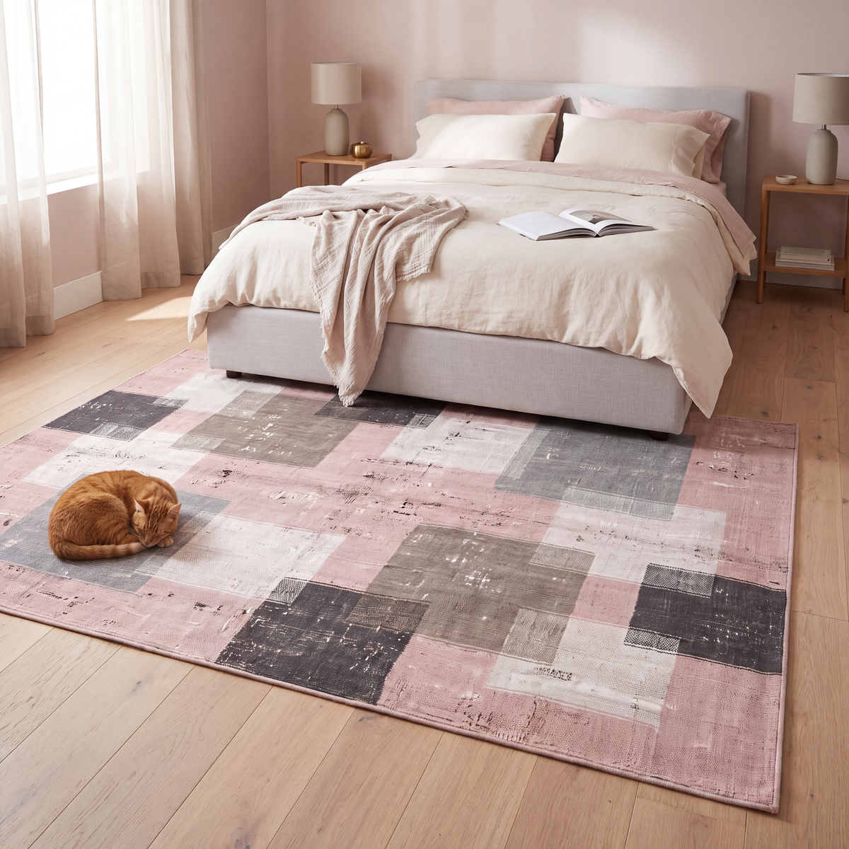 The rug at the foot of a bed with a cat asleep on it.