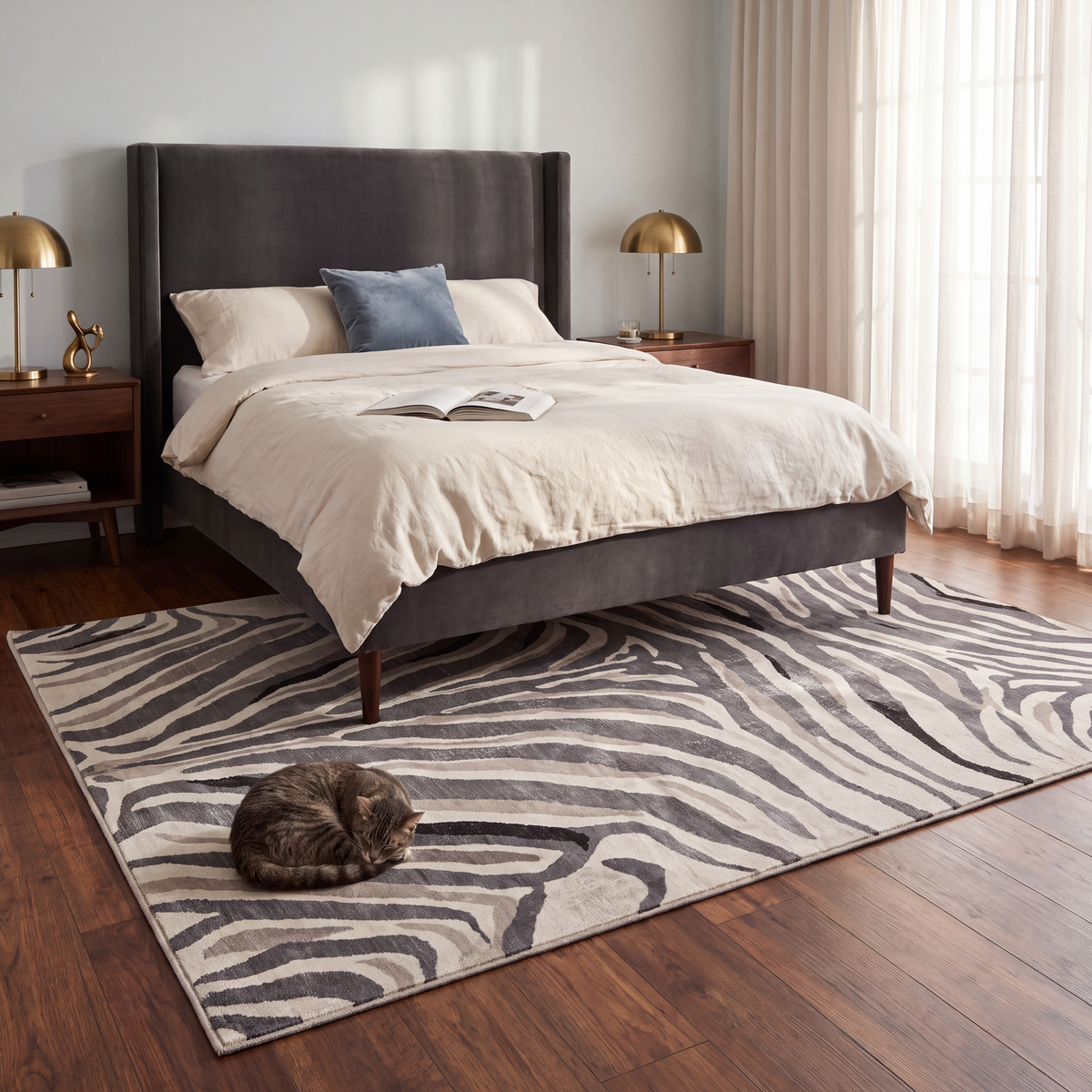 The rug at the foot of a bed with a cat asleep on it.