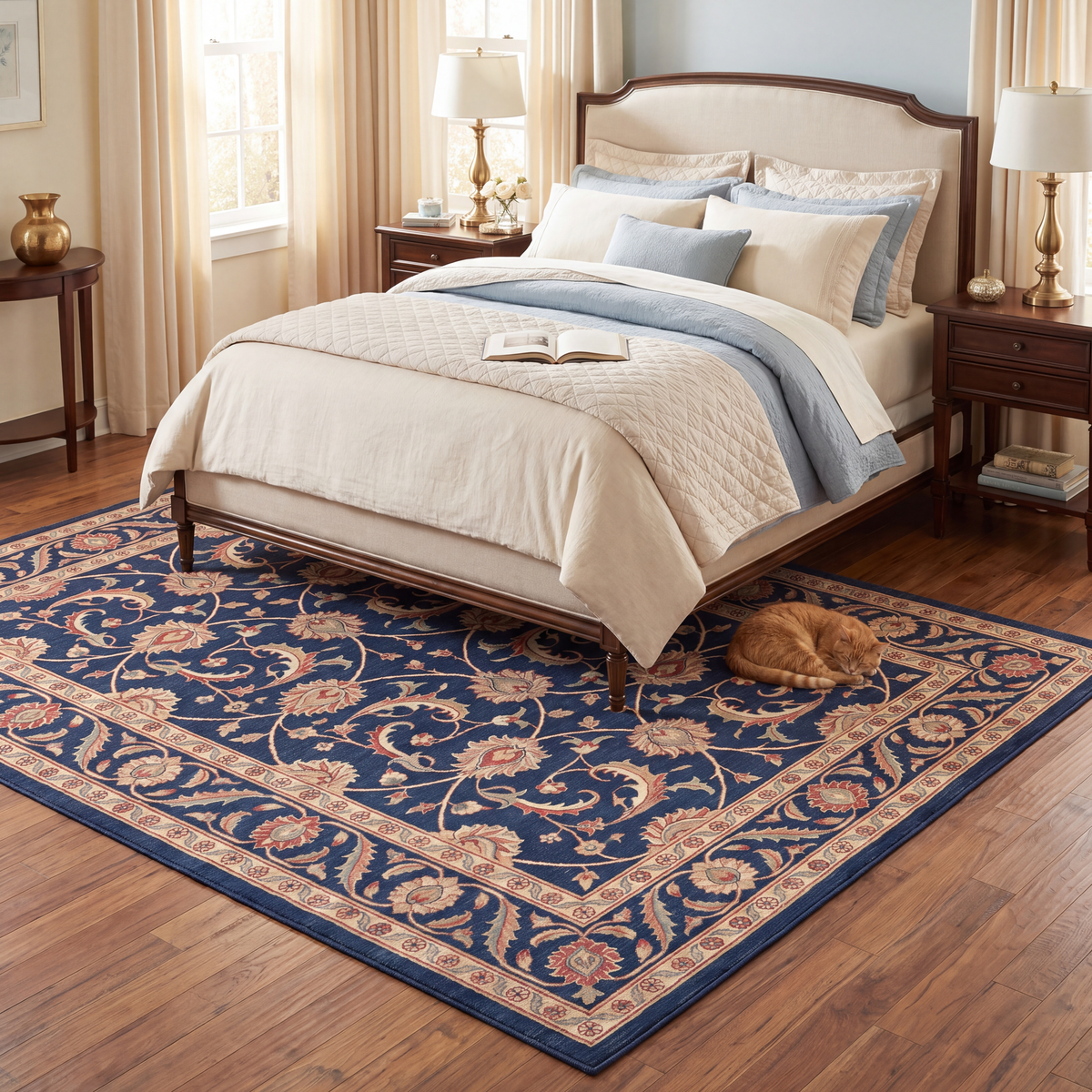 The rug at the foot of a bed with a cat asleep on it.