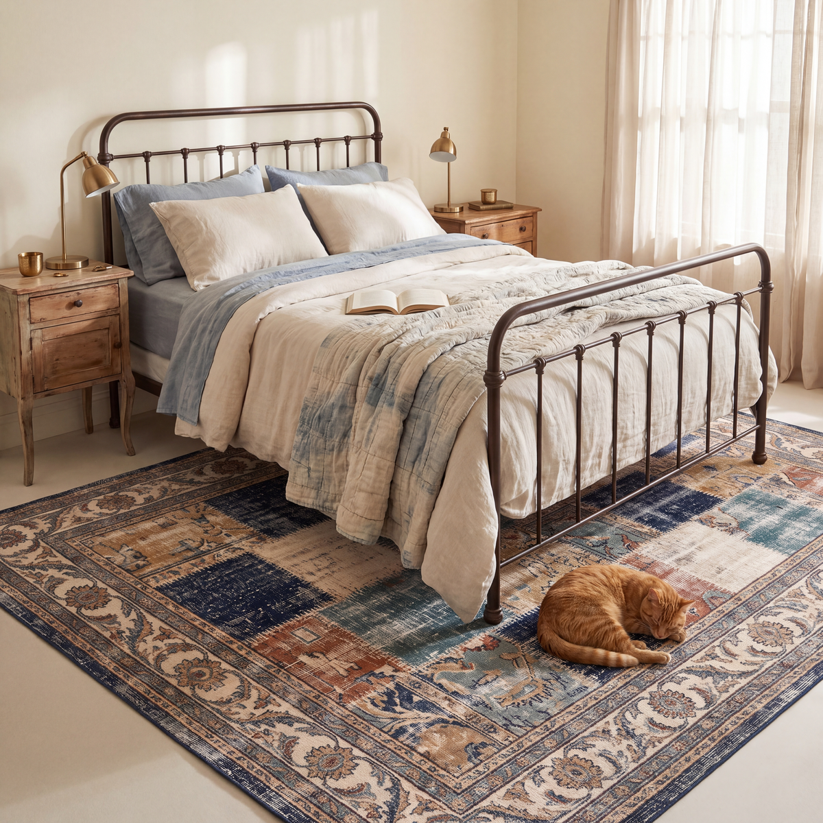 The rug at the foot of a bed with a cat asleep on it.