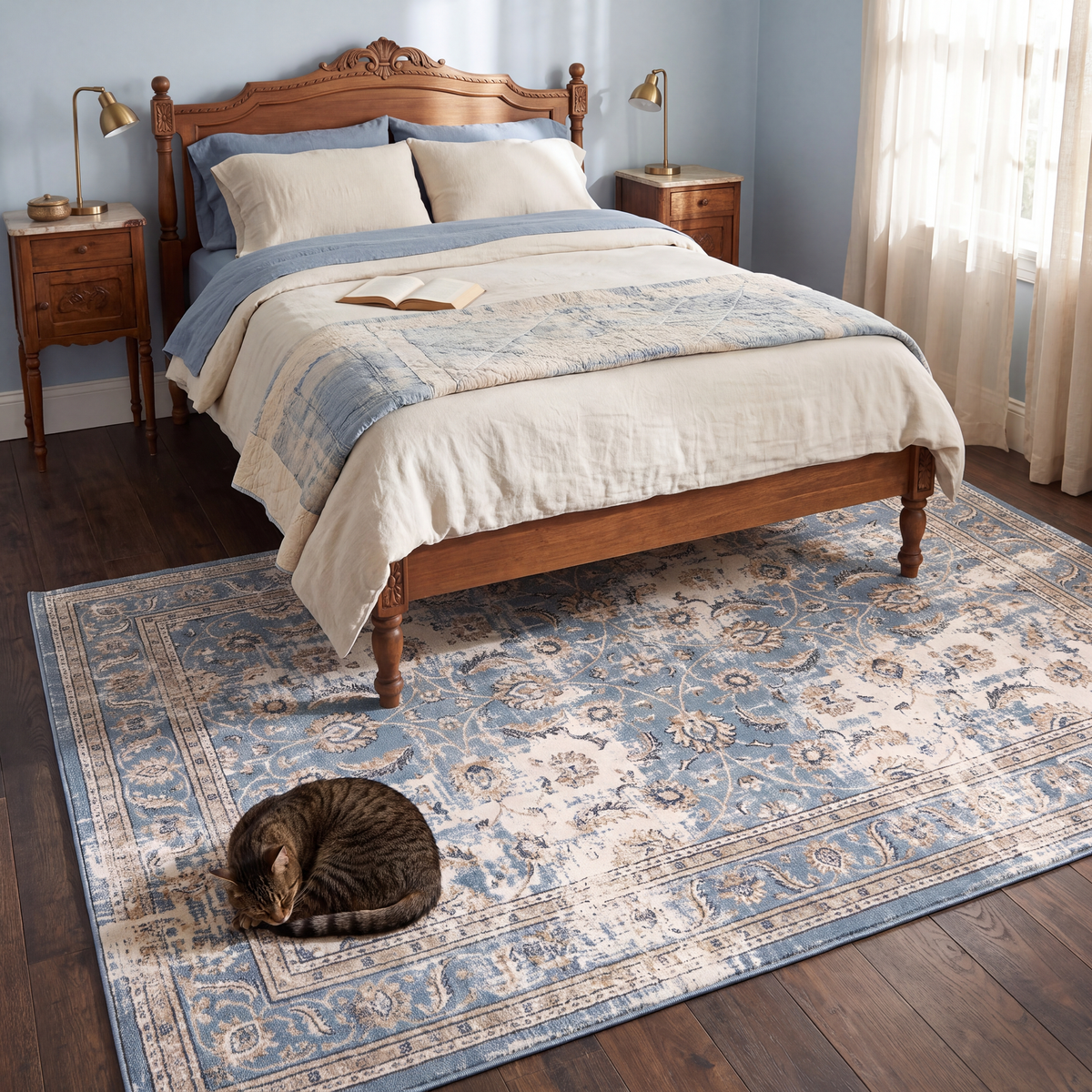The rug at the foot of a bed with a cat asleep on it.