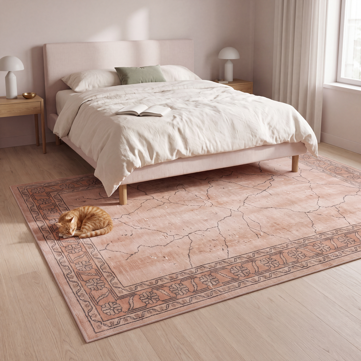 The rug at the foot of a bed with a cat asleep on it.
