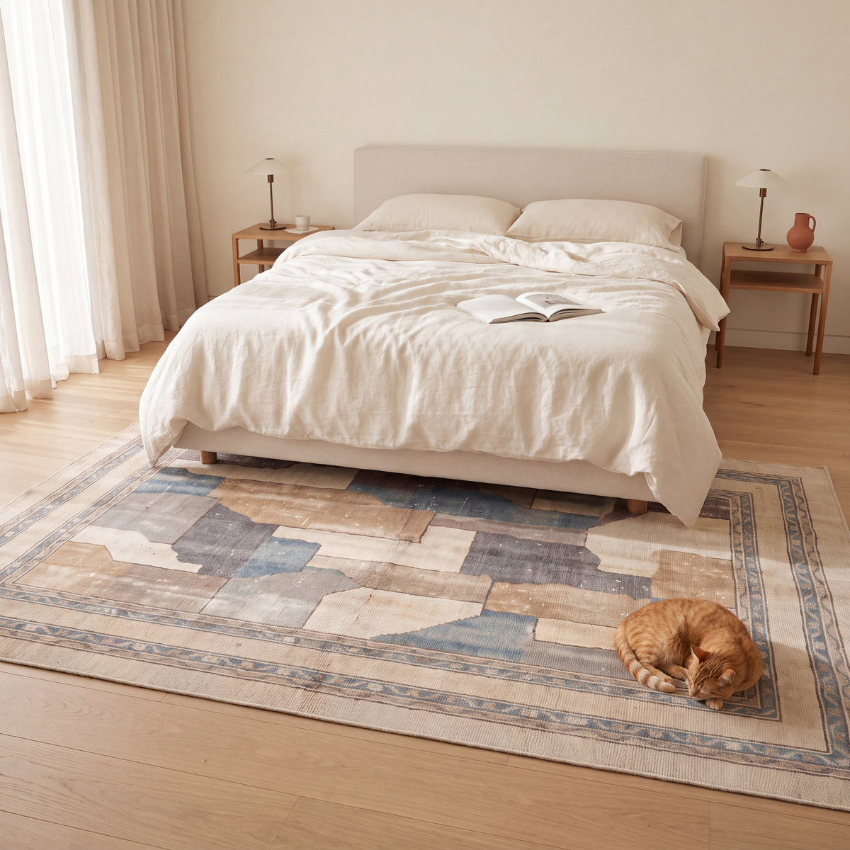 The rug at the foot of a bed with a cat asleep on it.