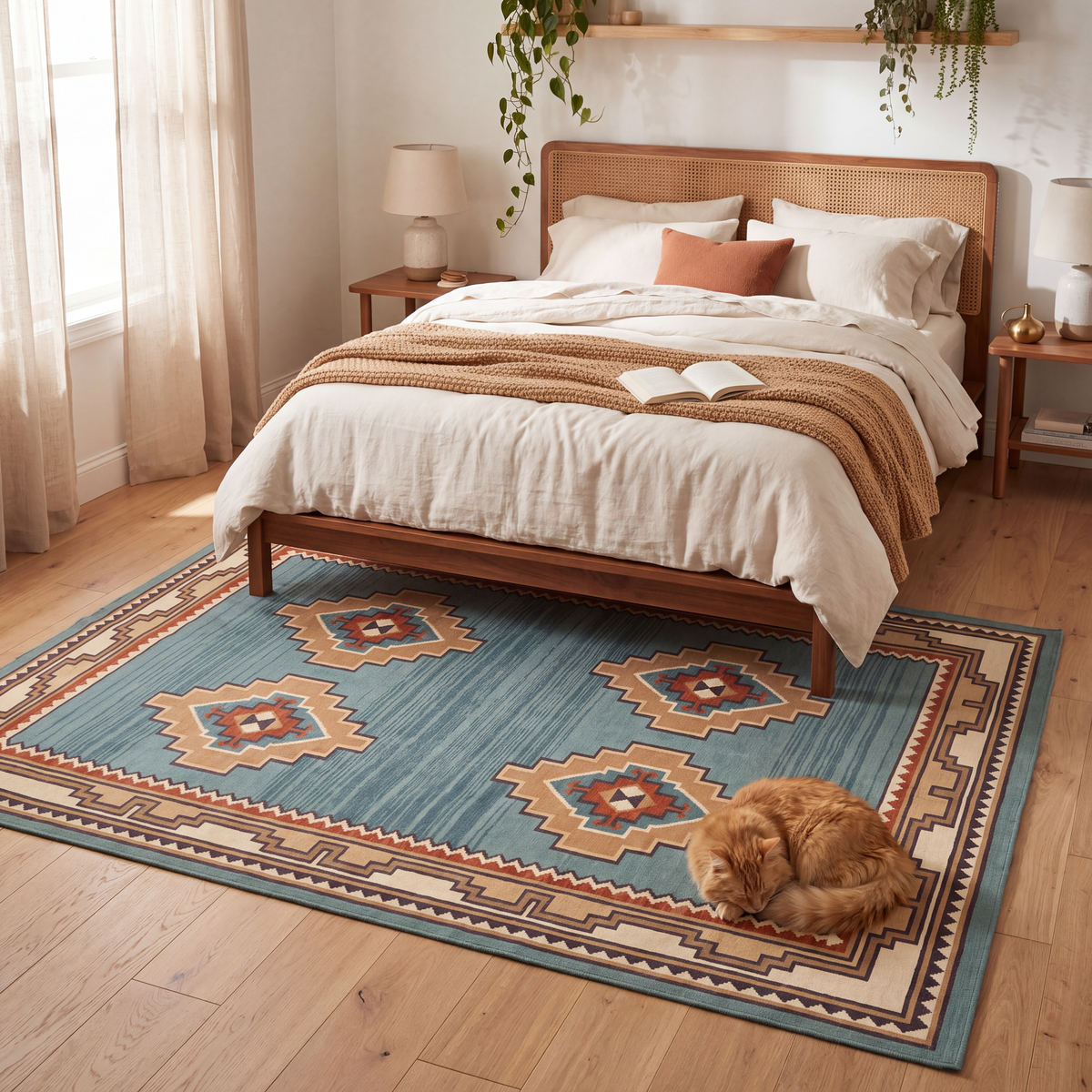 The rug at the foot of a bed with a cat asleep on it.