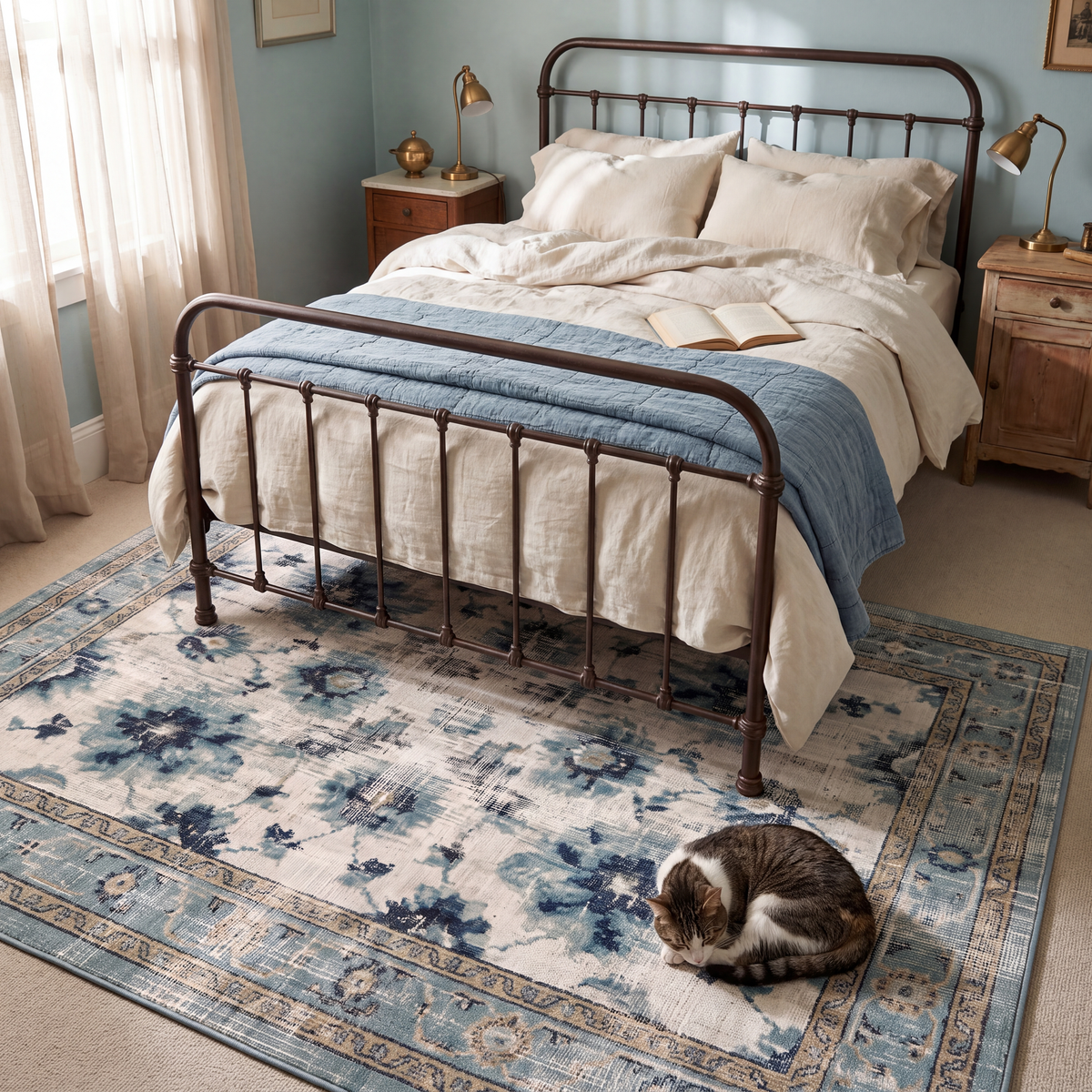 The rug at the foot of a bed with a cat asleep on it.