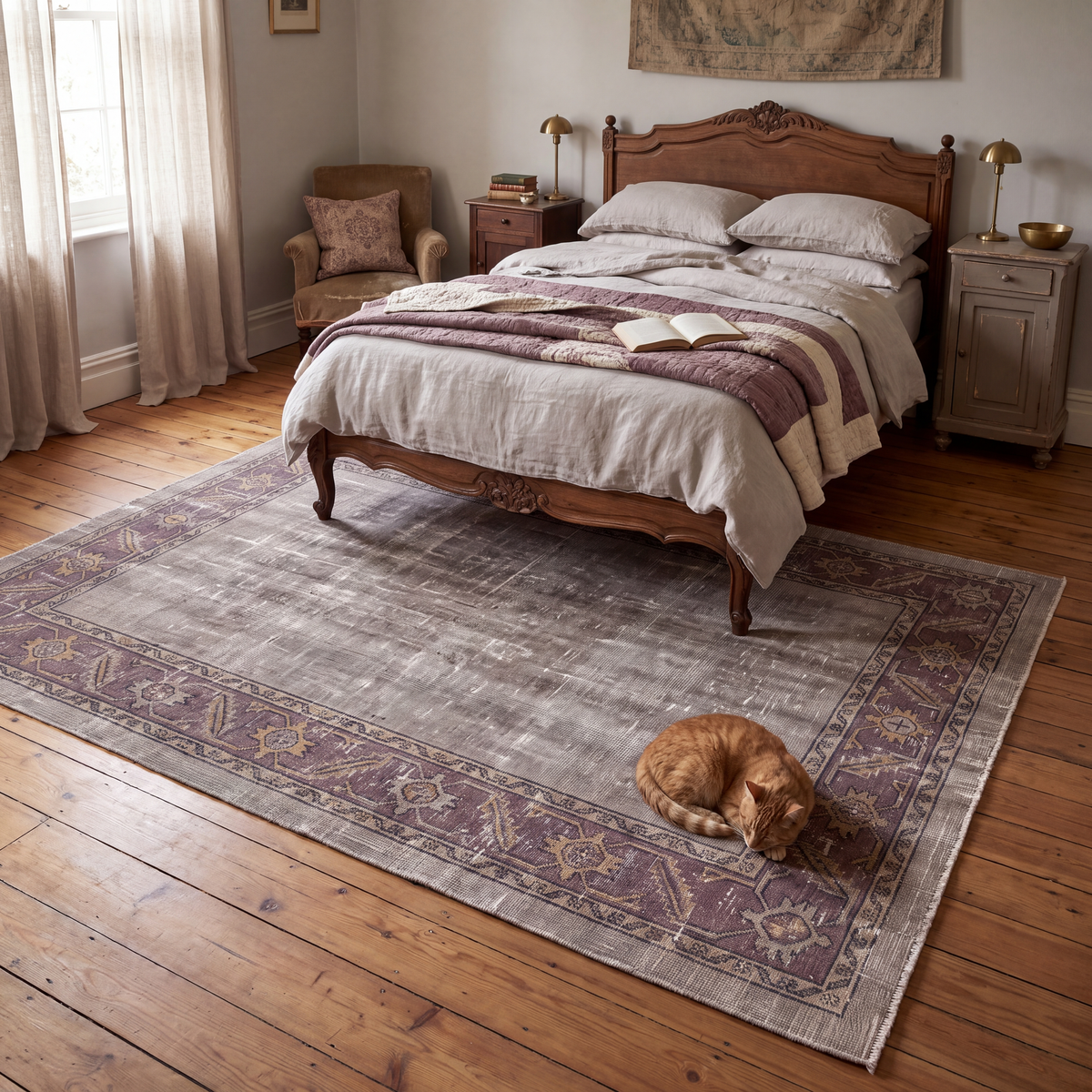 The rug at the foot of a bed with a cat asleep on it.