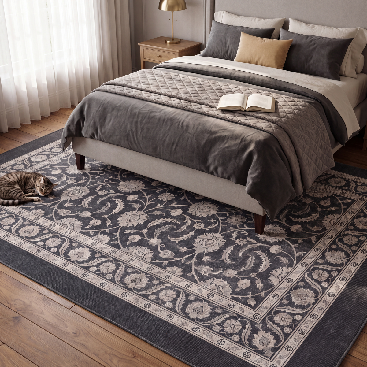 The rug at the foot of a bed with a cat asleep on it.