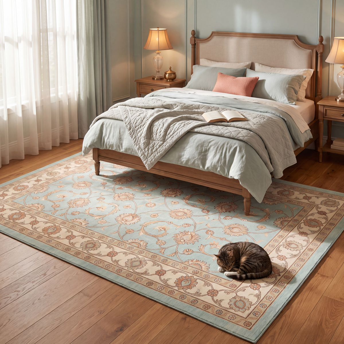 The rug at the foot of a bed with a cat asleep on it.
