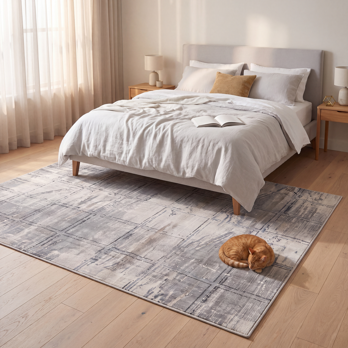 The rug at the foot of a bed with a cat asleep on it.