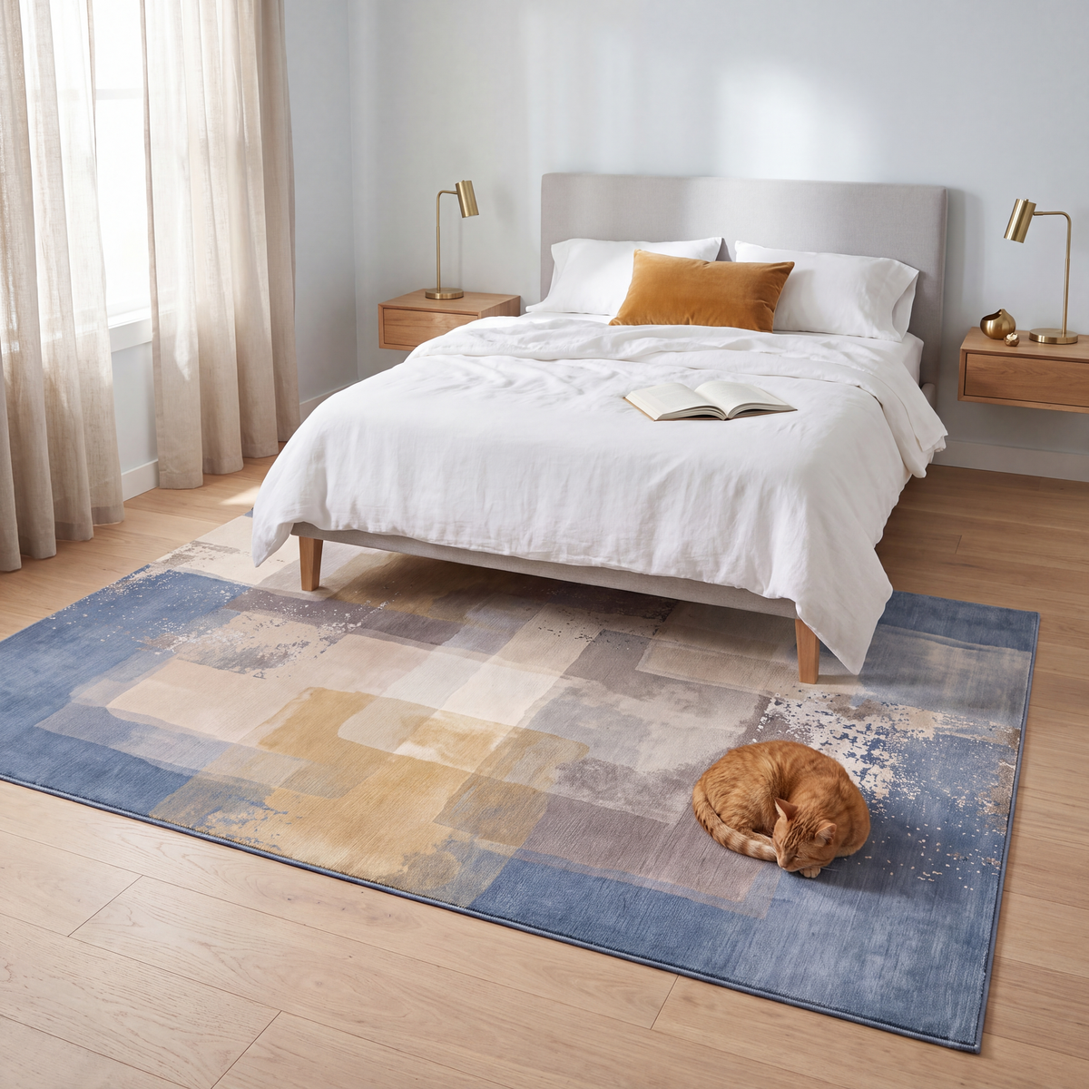 The rug at the foot of a bed with a cat asleep on it.