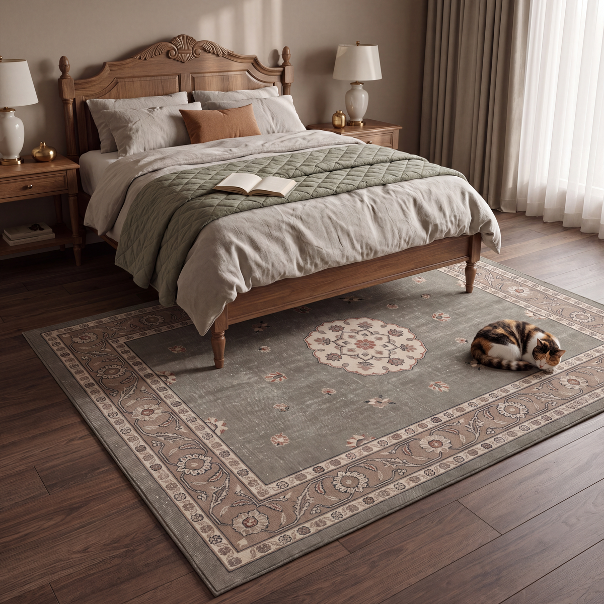The rug at the foot of a bed with a cat asleep on it.