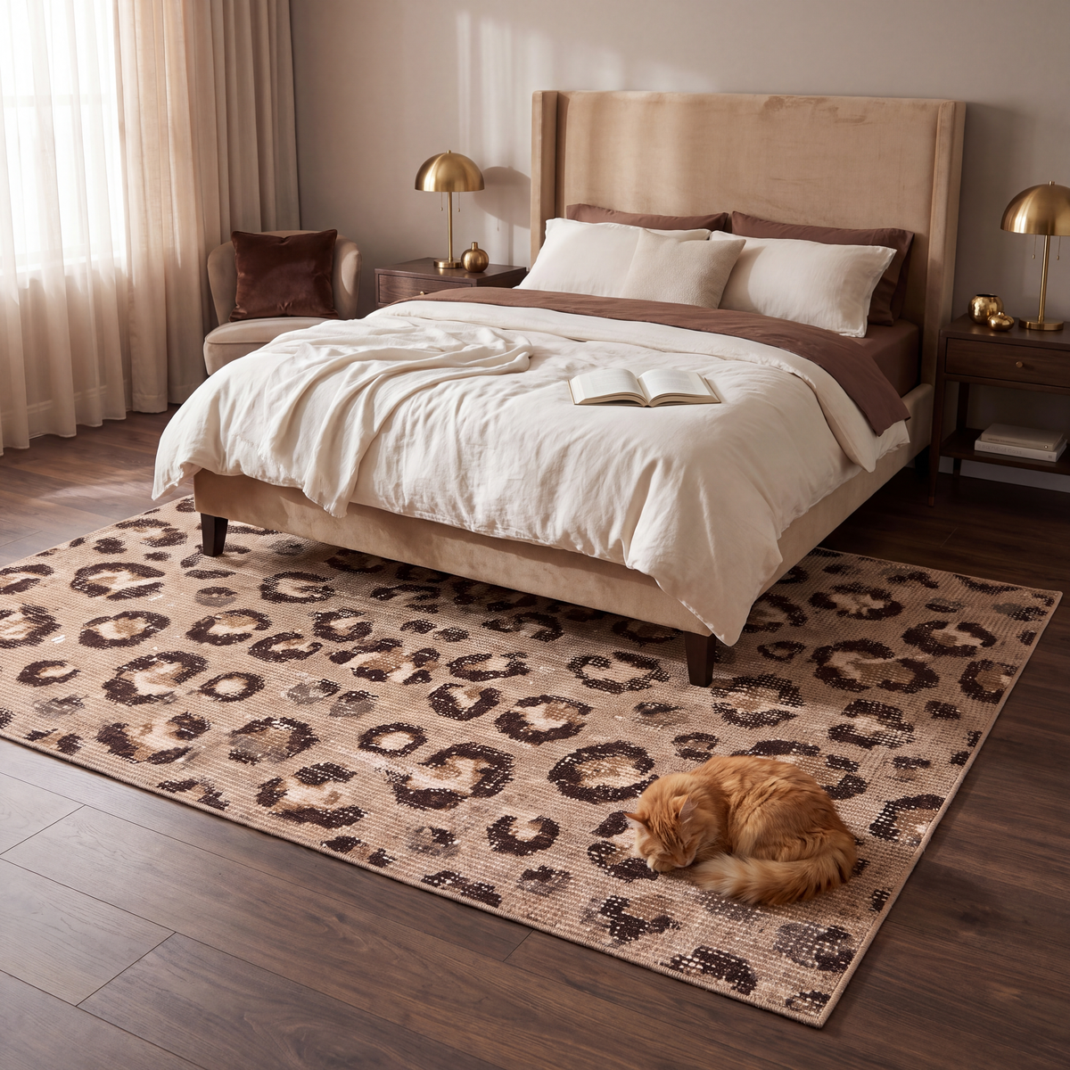 The rug at the foot of a bed with a cat asleep on it.