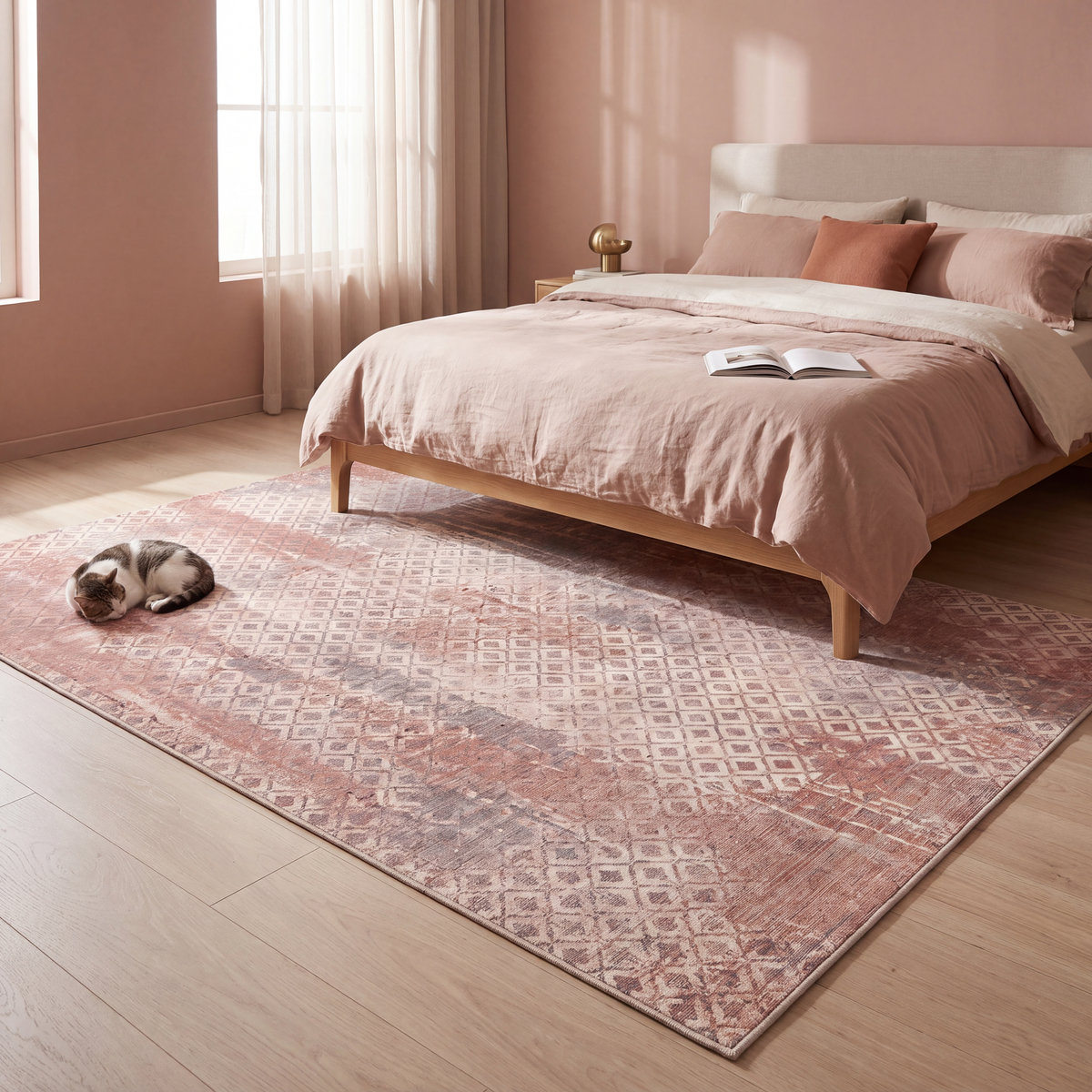 The rug at the foot of a bed with a cat asleep on it.