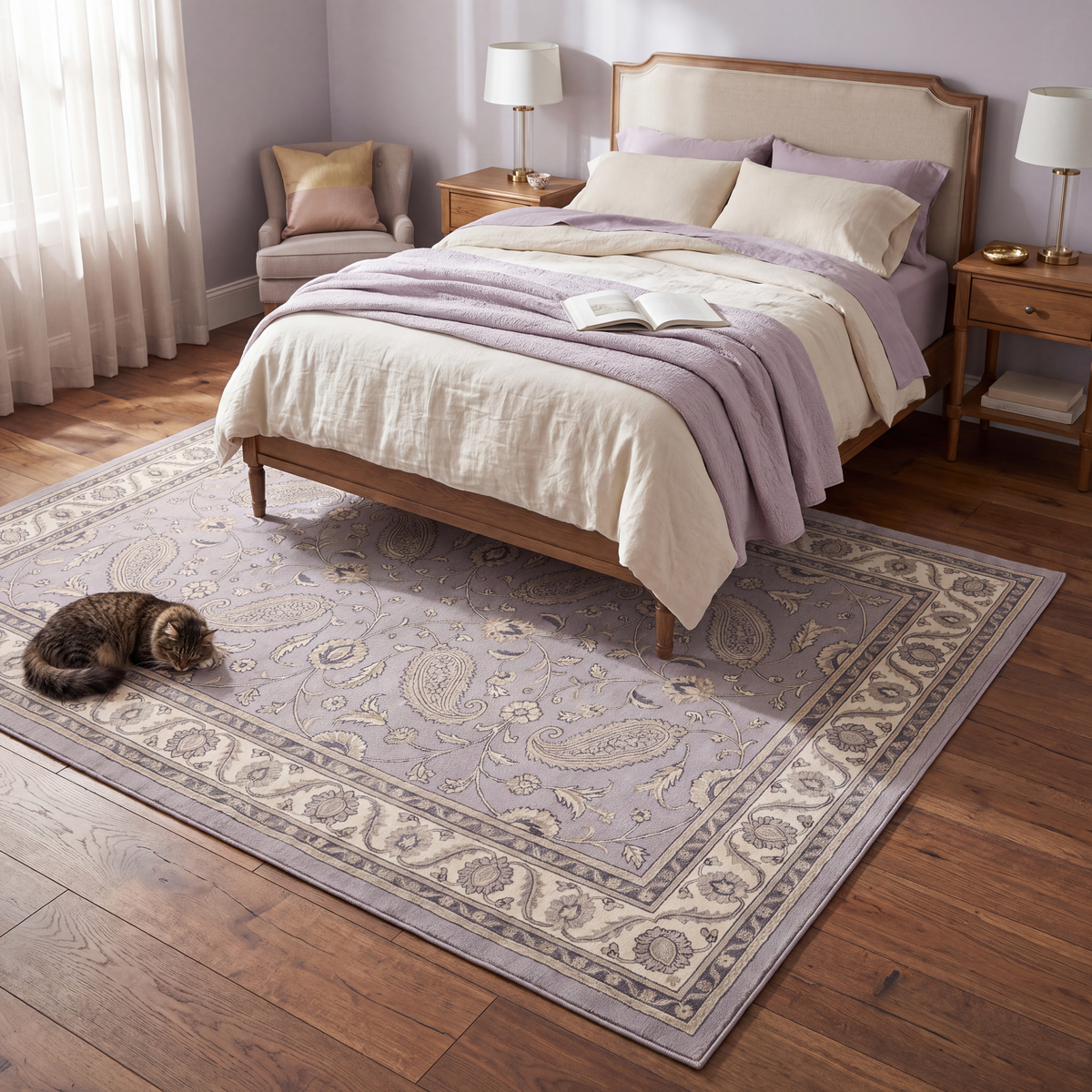 The rug at the foot of a bed with a cat asleep on it.