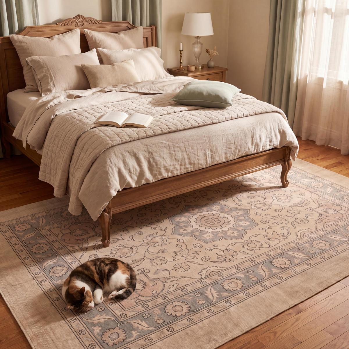 The rug at the foot of a bed with a cat asleep on it.
