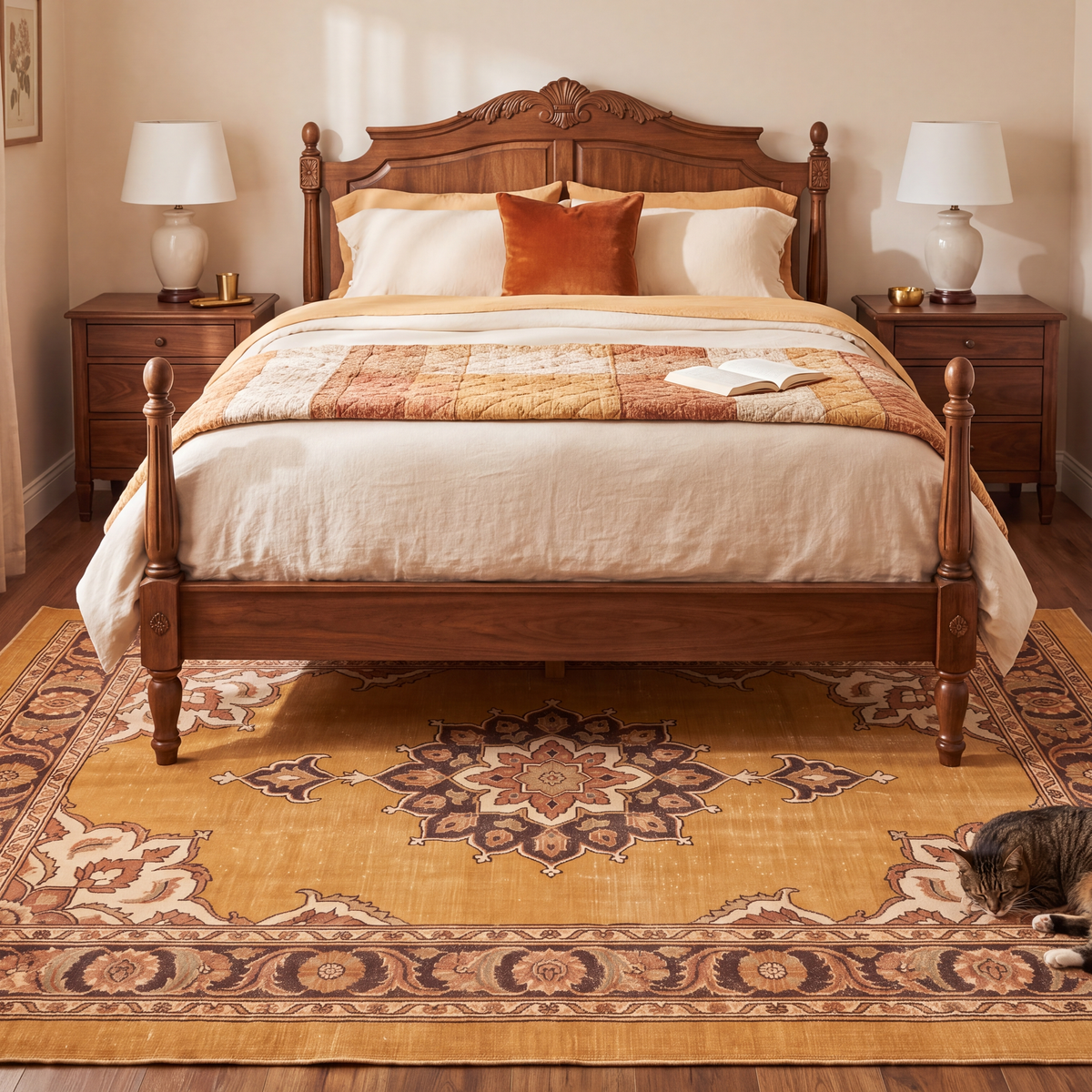 The rug at the foot of a bed with a cat asleep on it.