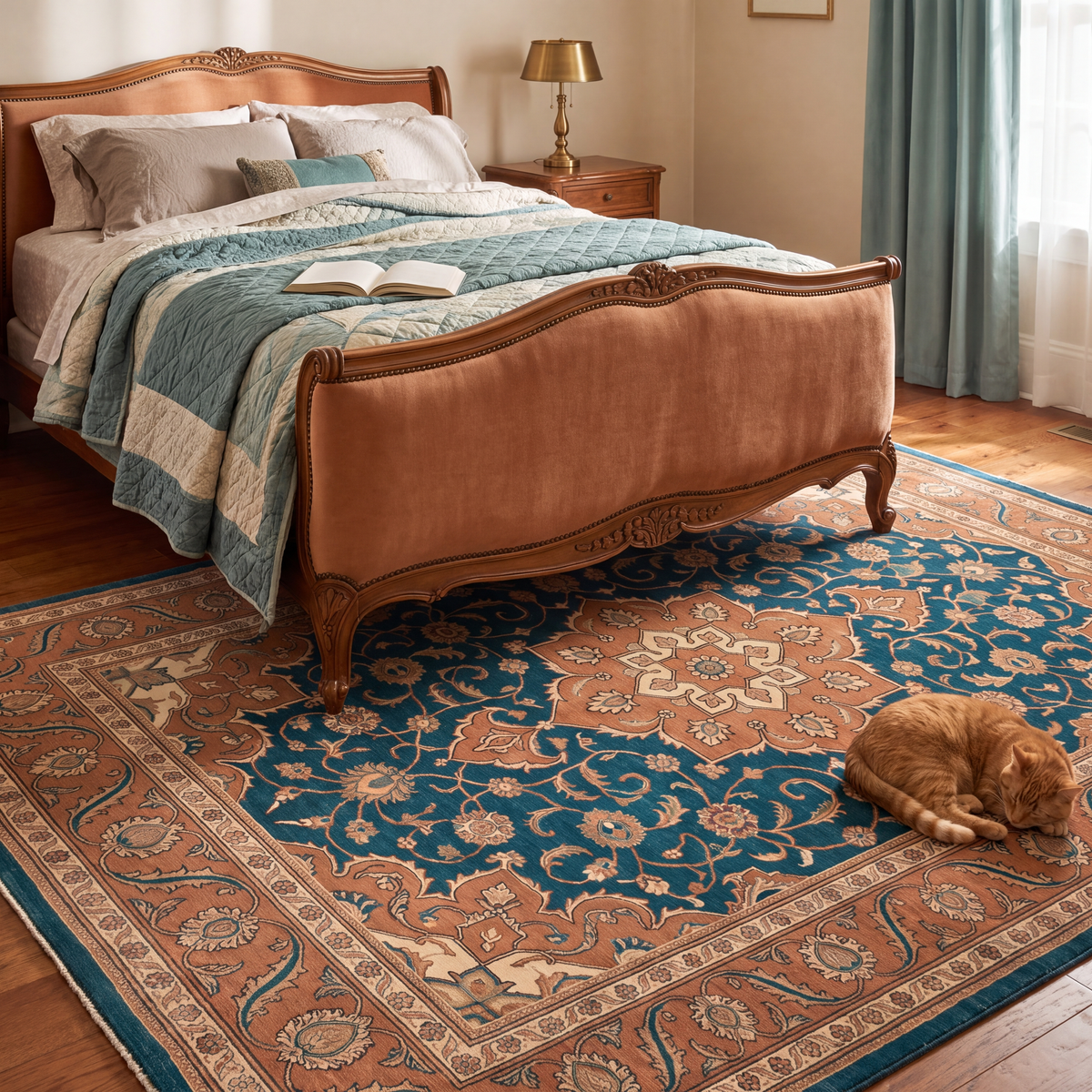 The rug at the foot of a bed with a cat asleep on it.
