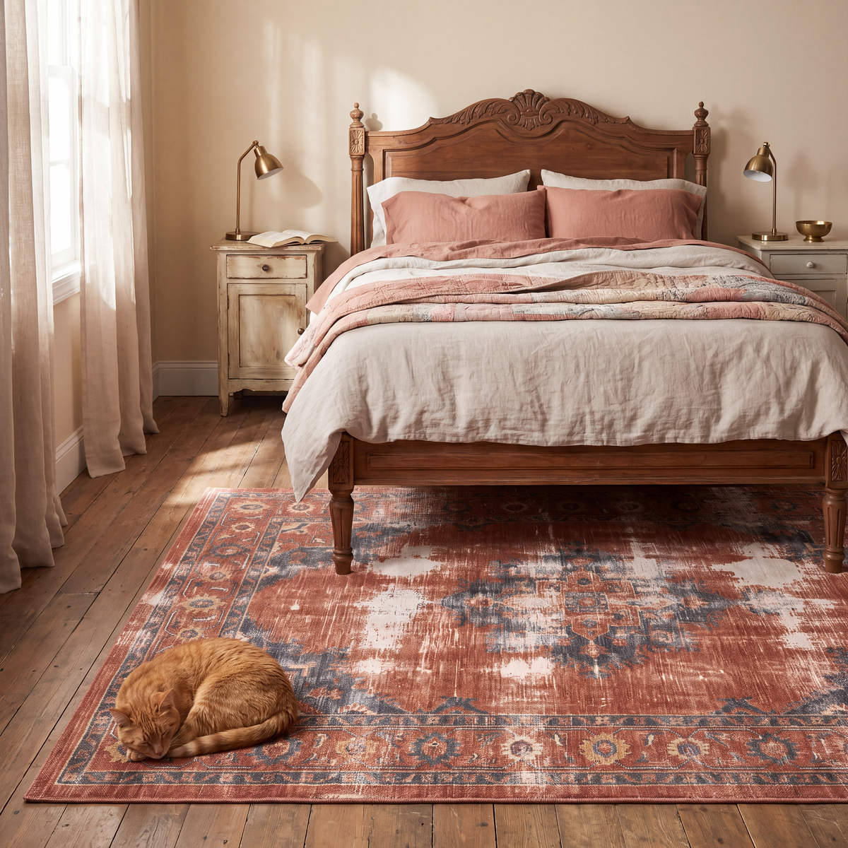 The rug at the foot of a bed with a cat asleep on it.