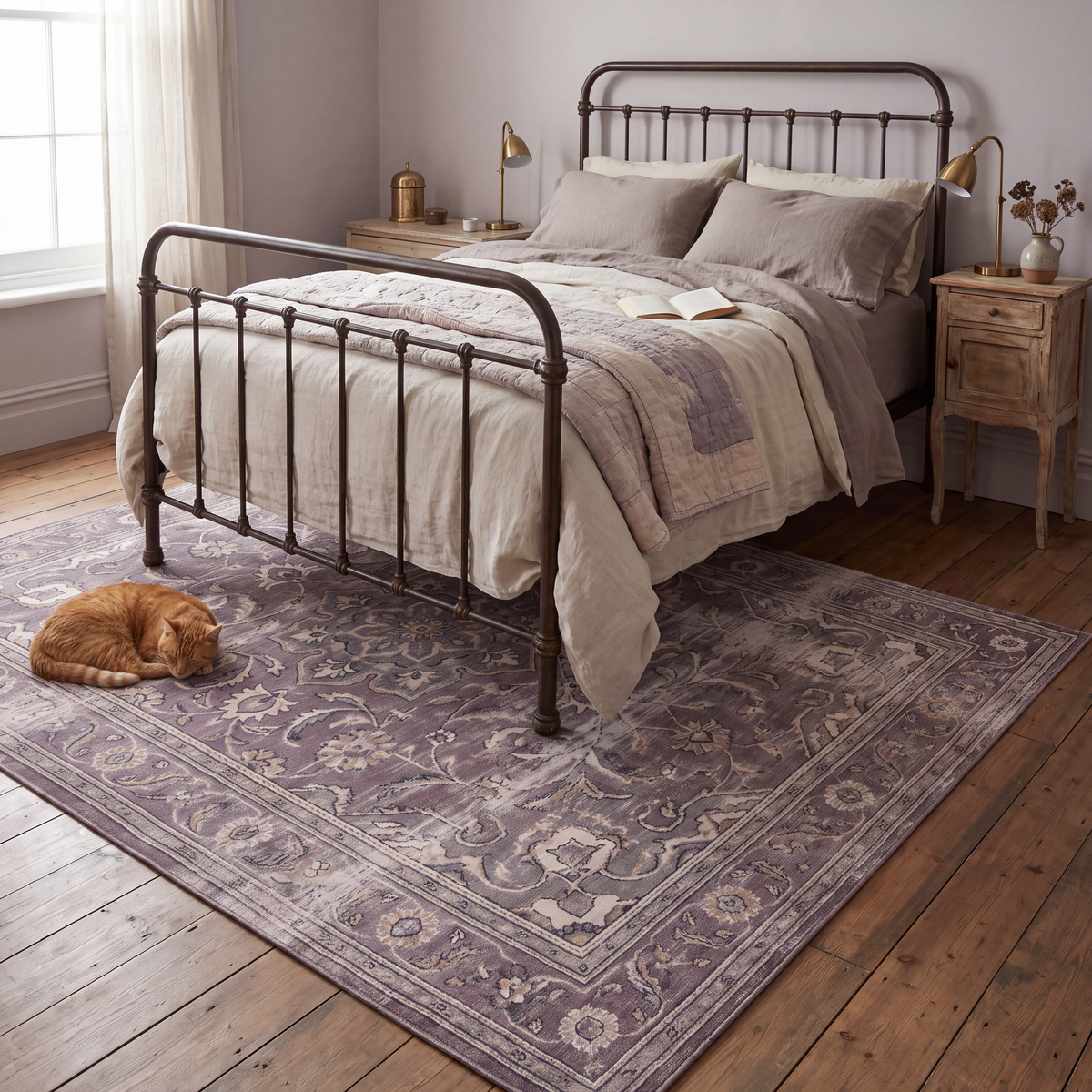 The rug at the foot of a bed with a cat asleep on it.