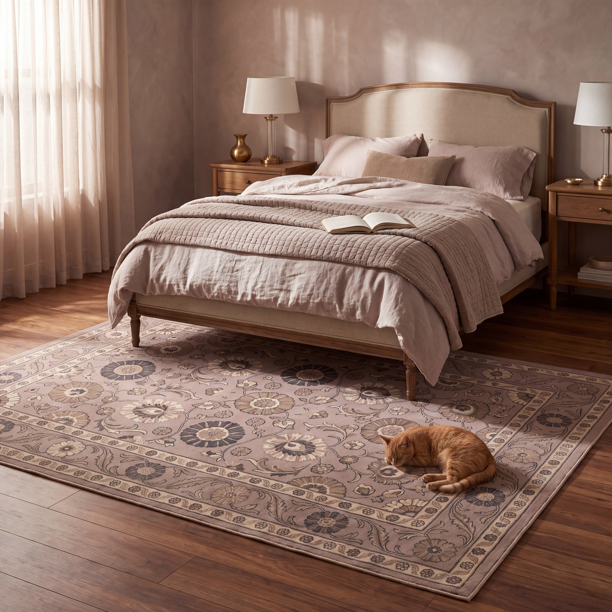 The rug at the foot of a bed with a cat asleep on it.