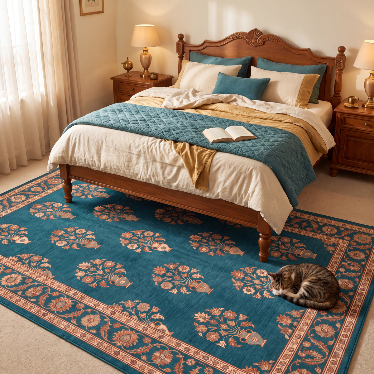 The rug at the foot of a bed with a cat asleep on it.