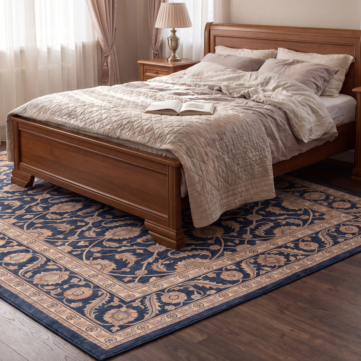 The rug at the foot of a bed with a cat asleep on it.