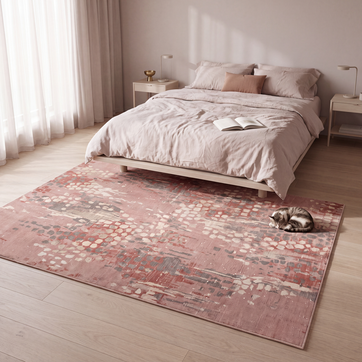 The rug at the foot of a bed with a cat asleep on it.