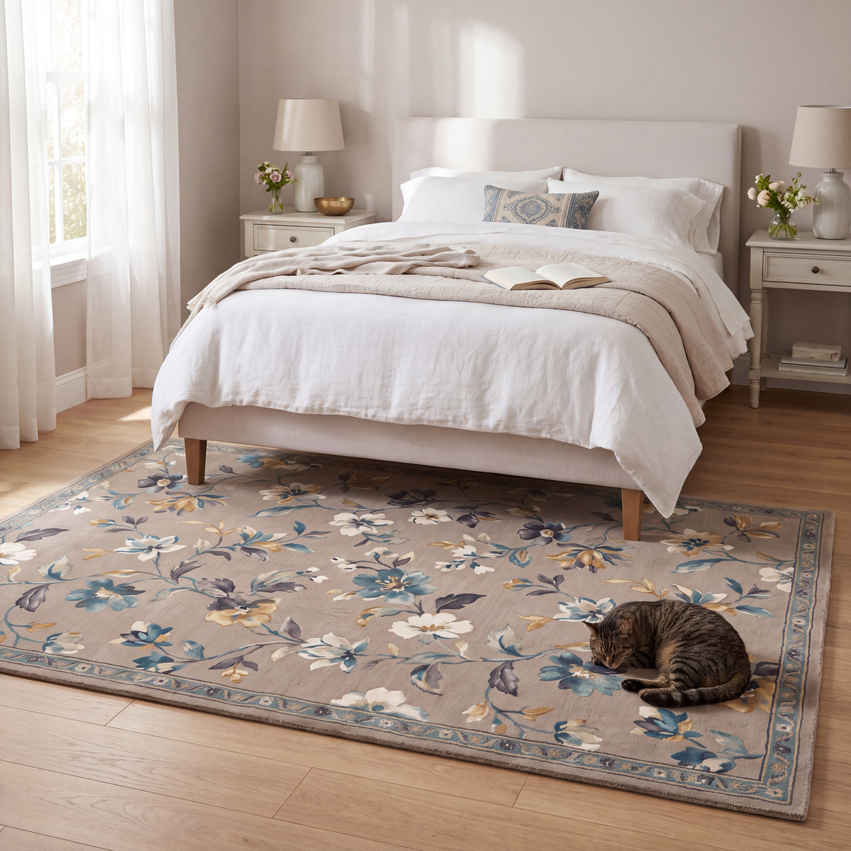 The rug at the foot of a bed with a cat asleep on it.