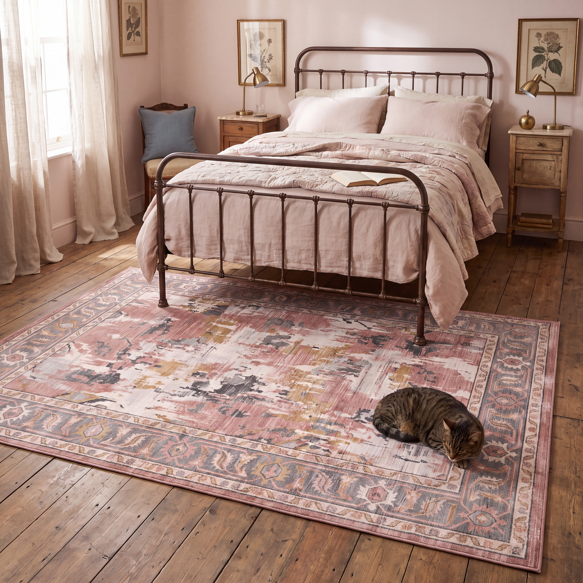 The rug at the foot of a bed with a cat asleep on it.