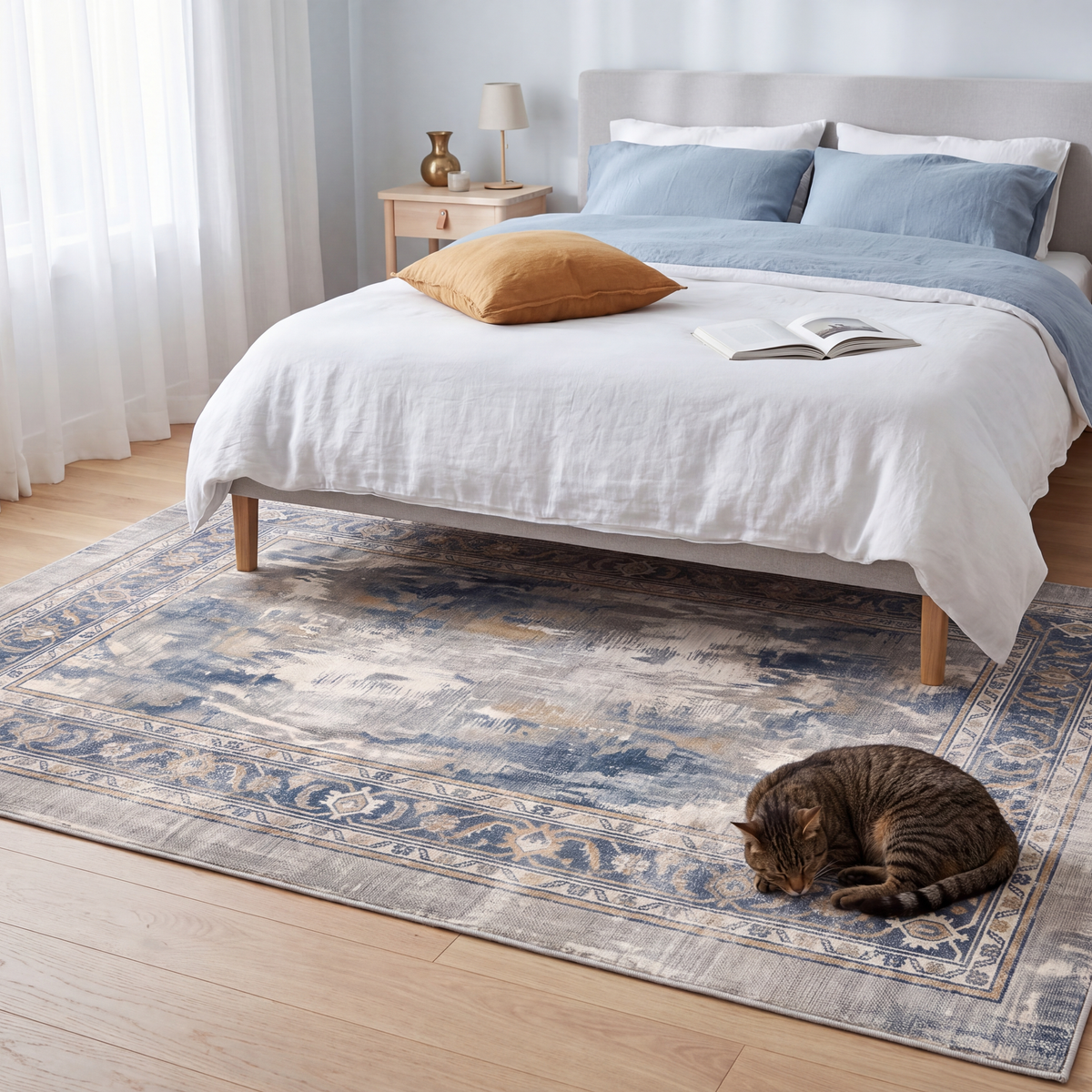The rug at the foot of a bed with a cat asleep on it.