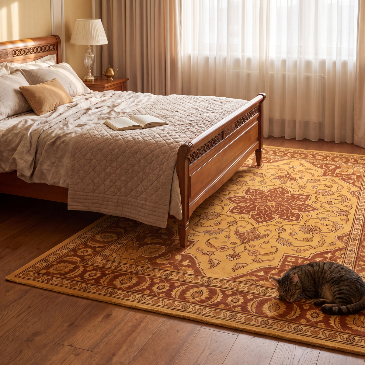 The rug at the foot of a bed with a cat asleep on it.