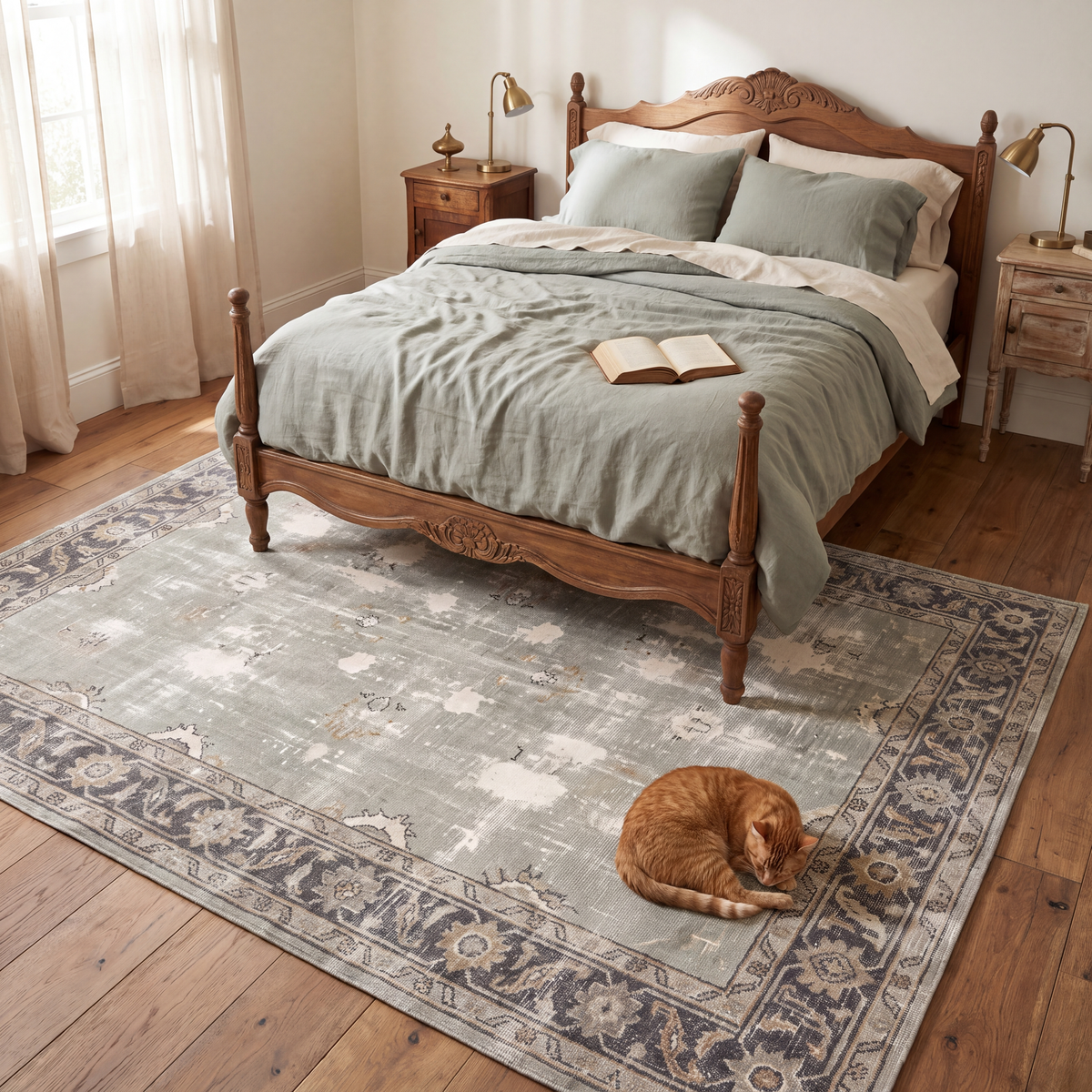 The rug at the foot of a bed with a cat asleep on it.