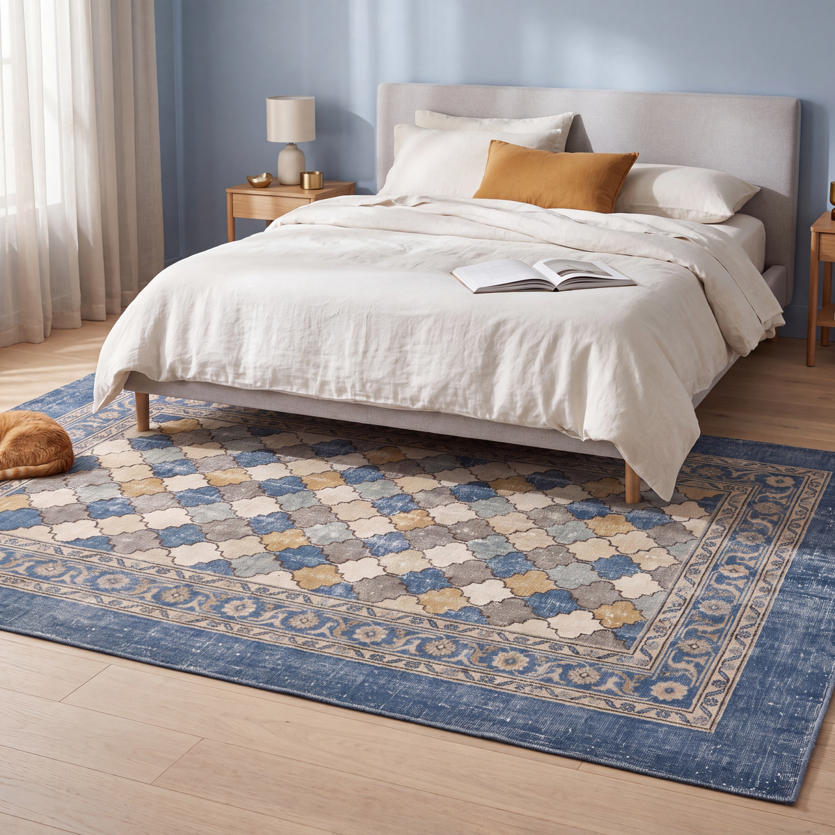 The rug at the foot of a bed with a cat asleep on it.