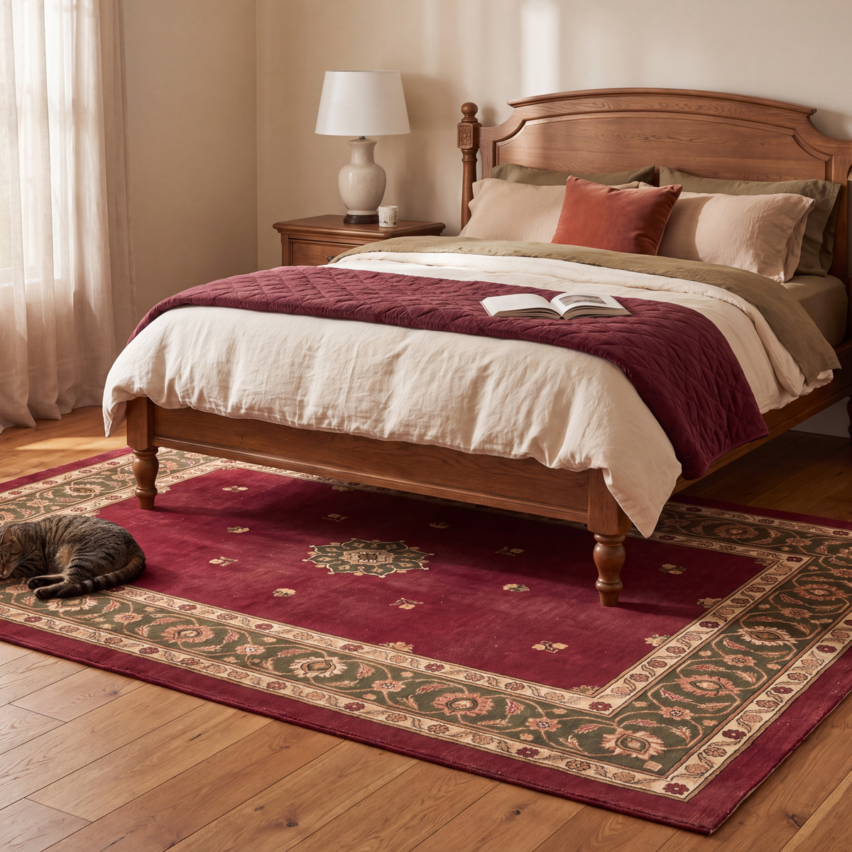 The rug at the foot of a bed with a cat asleep on it.