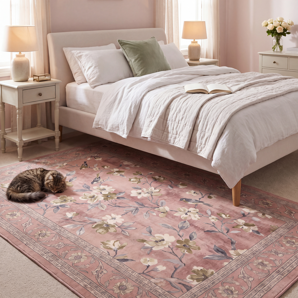 The rug at the foot of a bed with a cat asleep on it.