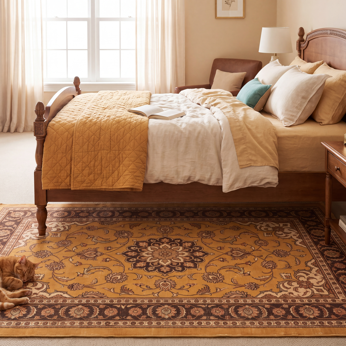 The rug at the foot of a bed with a cat asleep on it.